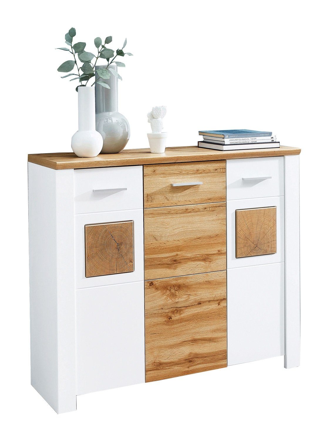 Vito Kommode MATERIO, B 122 x H 105 cm, Weiß matt, Eiche Altholz Dekor, 3 Türen
