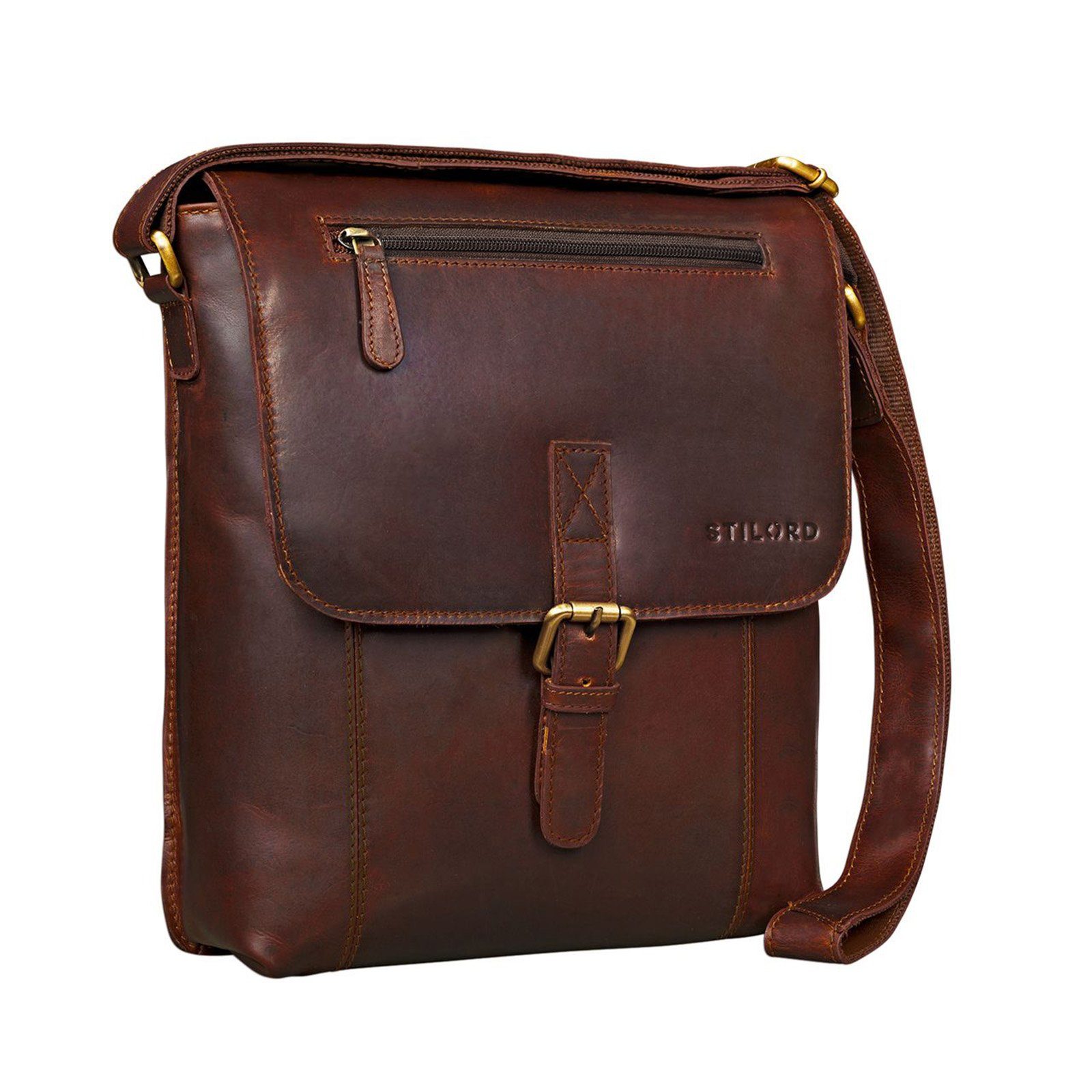 Umhängetasche Messenger Bag cognac dunkelbraun "Matthias" Herren Vintage STILORD Leder -