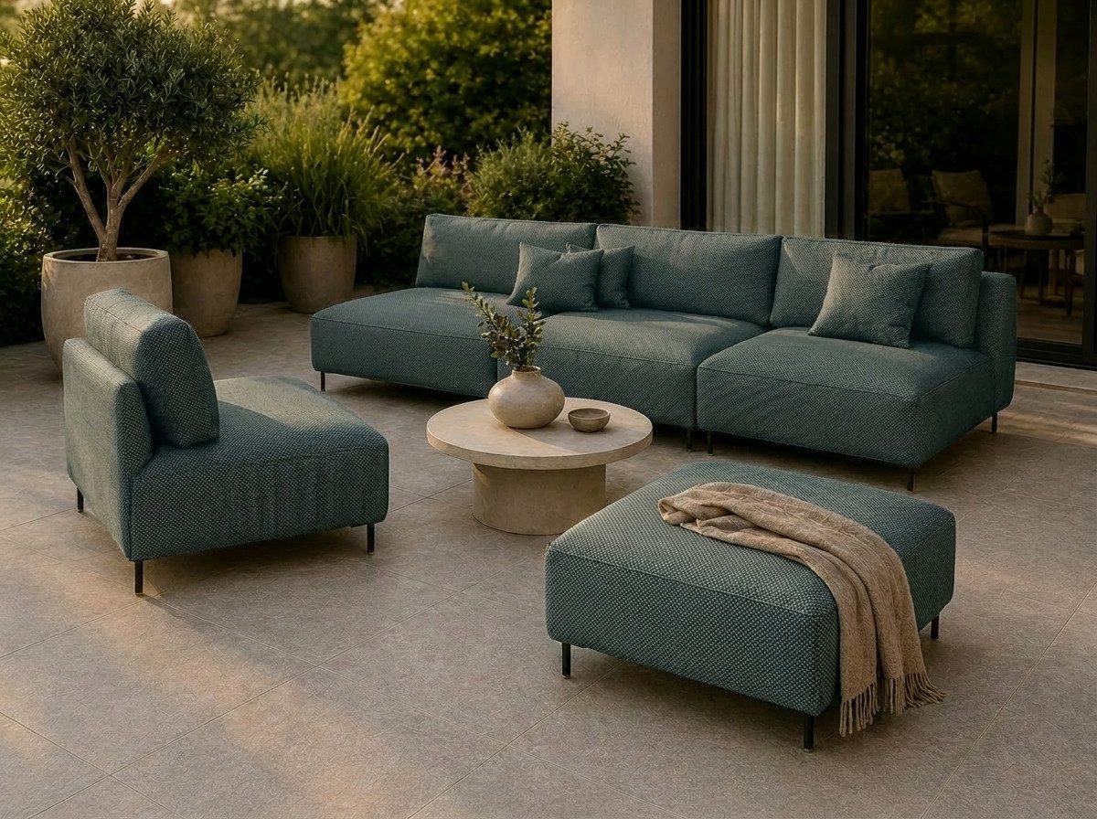 A&J MöbelLand GmbH Gartenlounge-Set Outdoor Lounge Set SUN – Sofa, Sessel und Hocker, (Outdoor Lounge Set für Garten und Terrasse, 3-teiliges modernes Garten Lounge Set), Wetterfestes Lounge Set für Garten und Terrasse