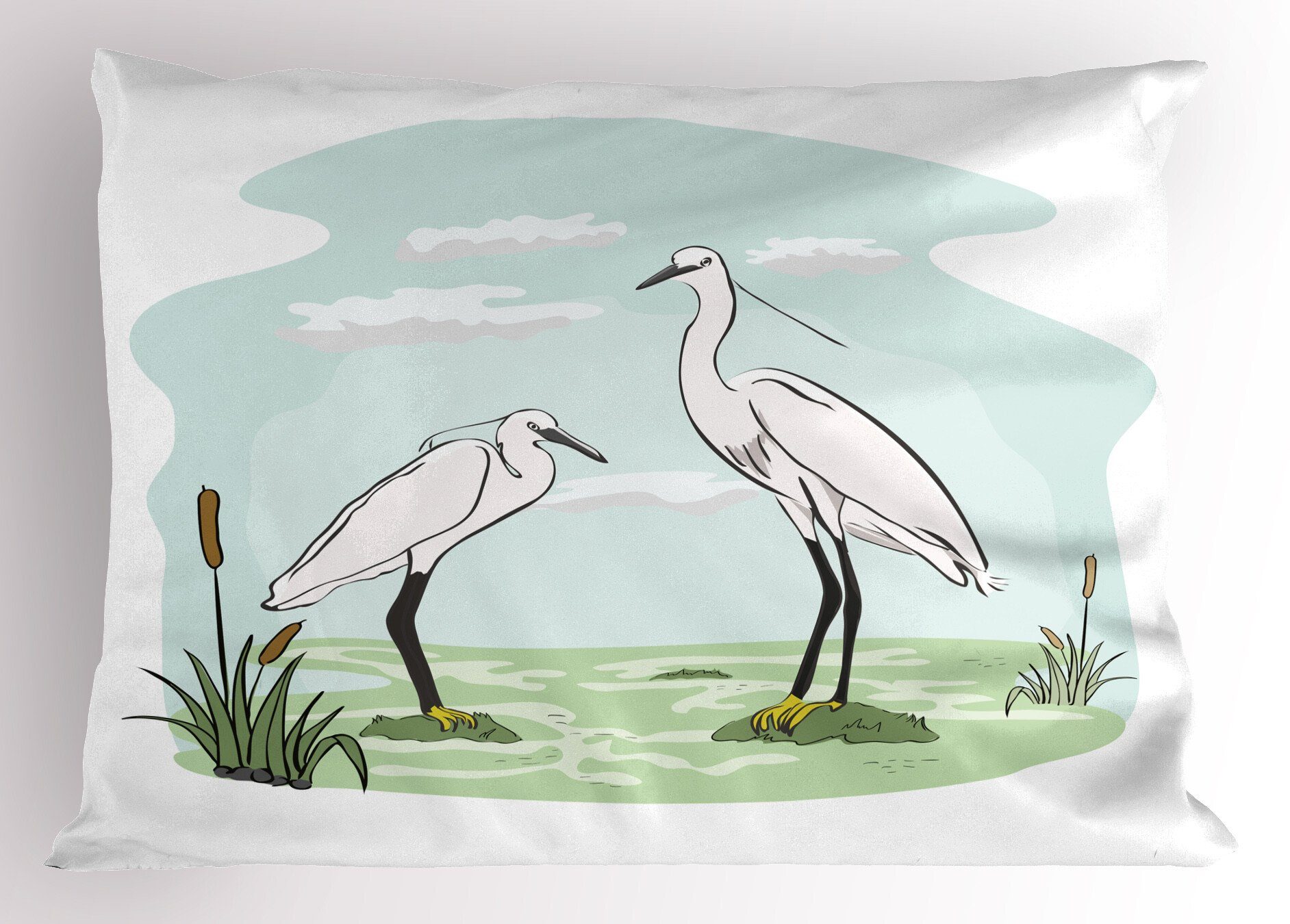 Kissenbezüge Dekorativer Queen Size Gedruckter Cartoon Marsh (1 2 Herons Reiher Kopfkissenbezug, Stück), Abakuhaus in