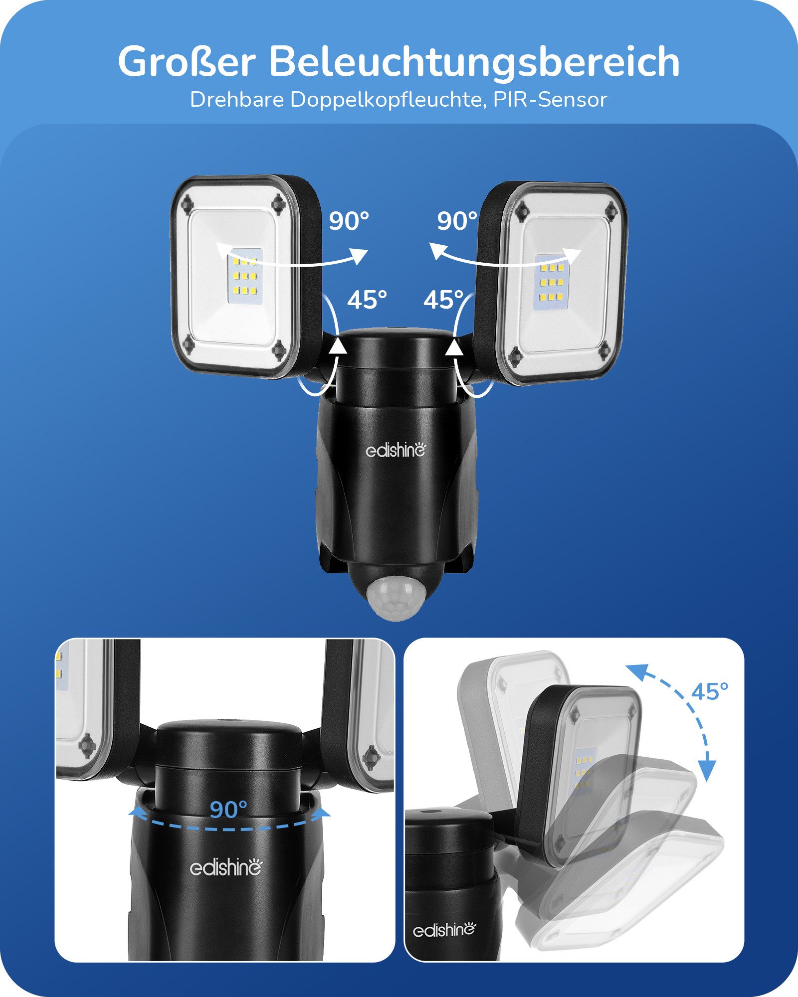 EDISHINE LED Wandstrahler mit Bewegungsmelder Außen, LED fest integriert, Schwenkbar, IP44, 800 Lumen