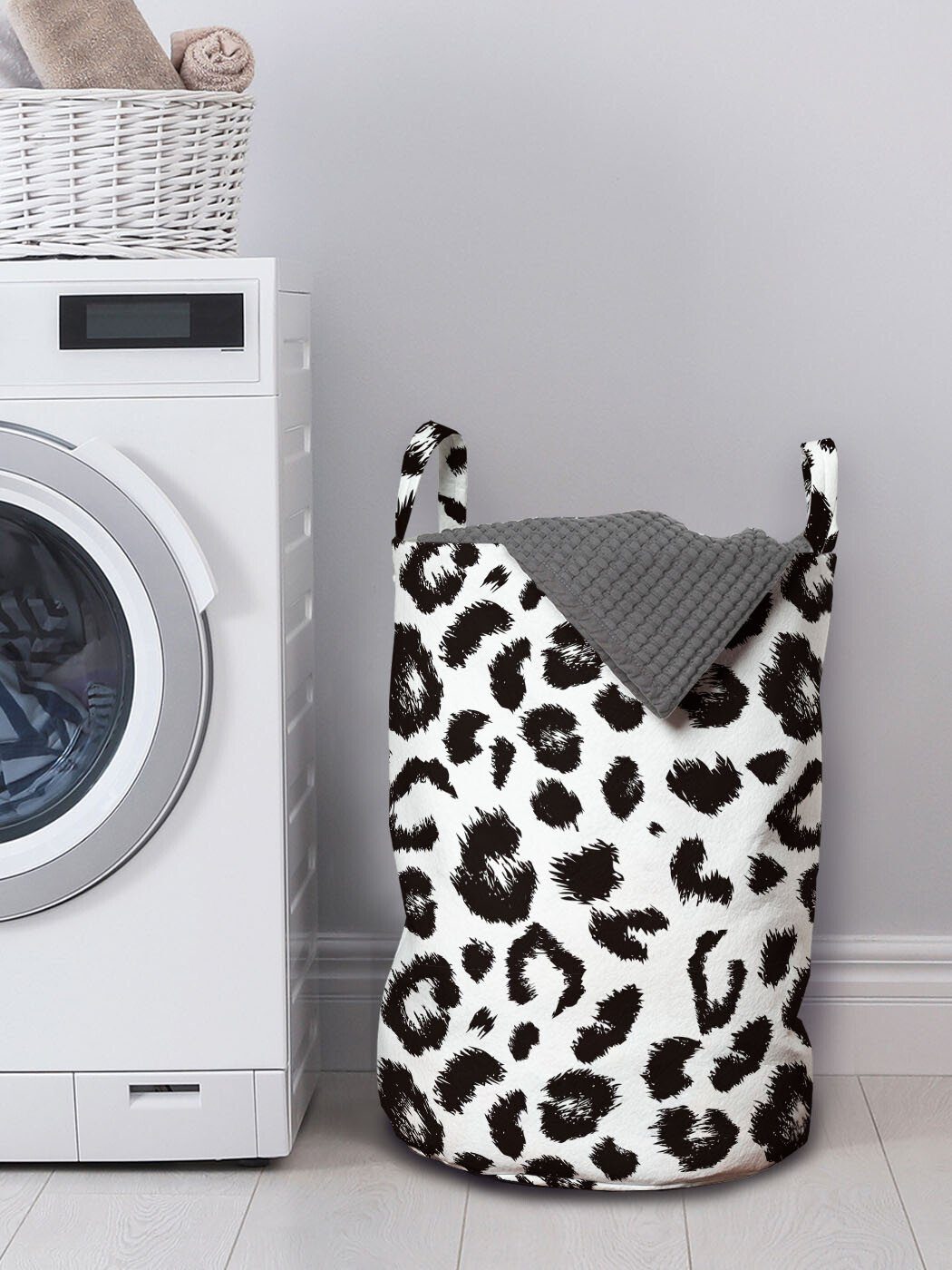 Kordelzugverschluss Leopard Drucken Sketchy Wäschekorb für Wäschesäckchen Abakuhaus Waschsalons, mit Monochrome Griffen