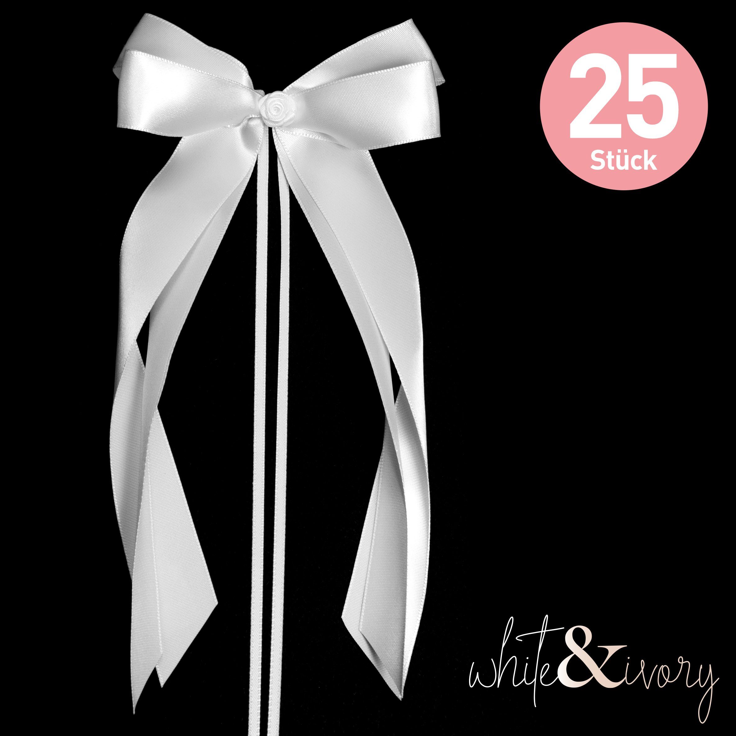 white & ivory Dekoobjekt 25 Autoschleifen Hochzeit mit Rose + extra langem Befestigungsband (25 St)