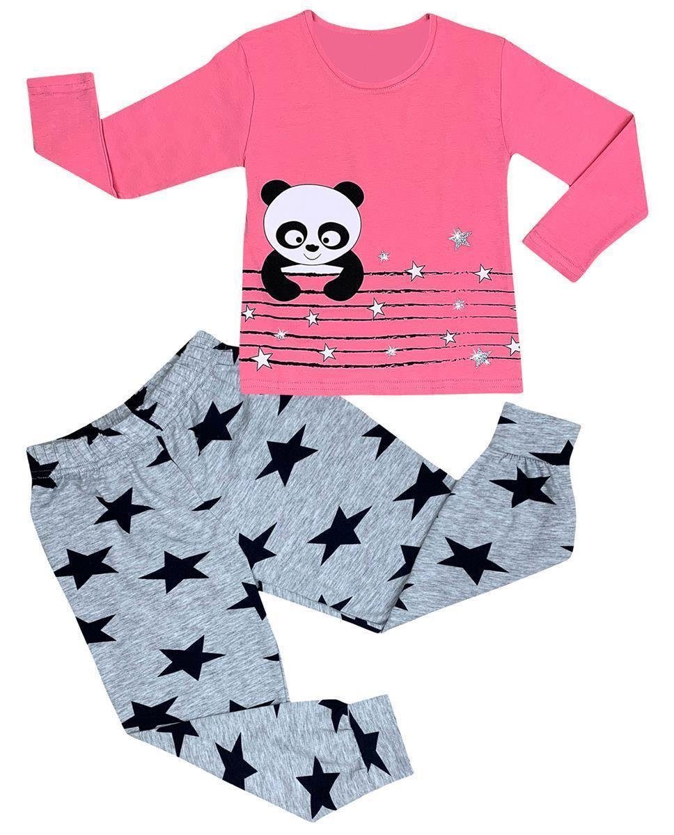 Schlafanzug Set LOREZA 2 Hausanzug Panda Pyjama Rosa (Set, Pyjama Mädchen tlg) langarm Baumwolle
