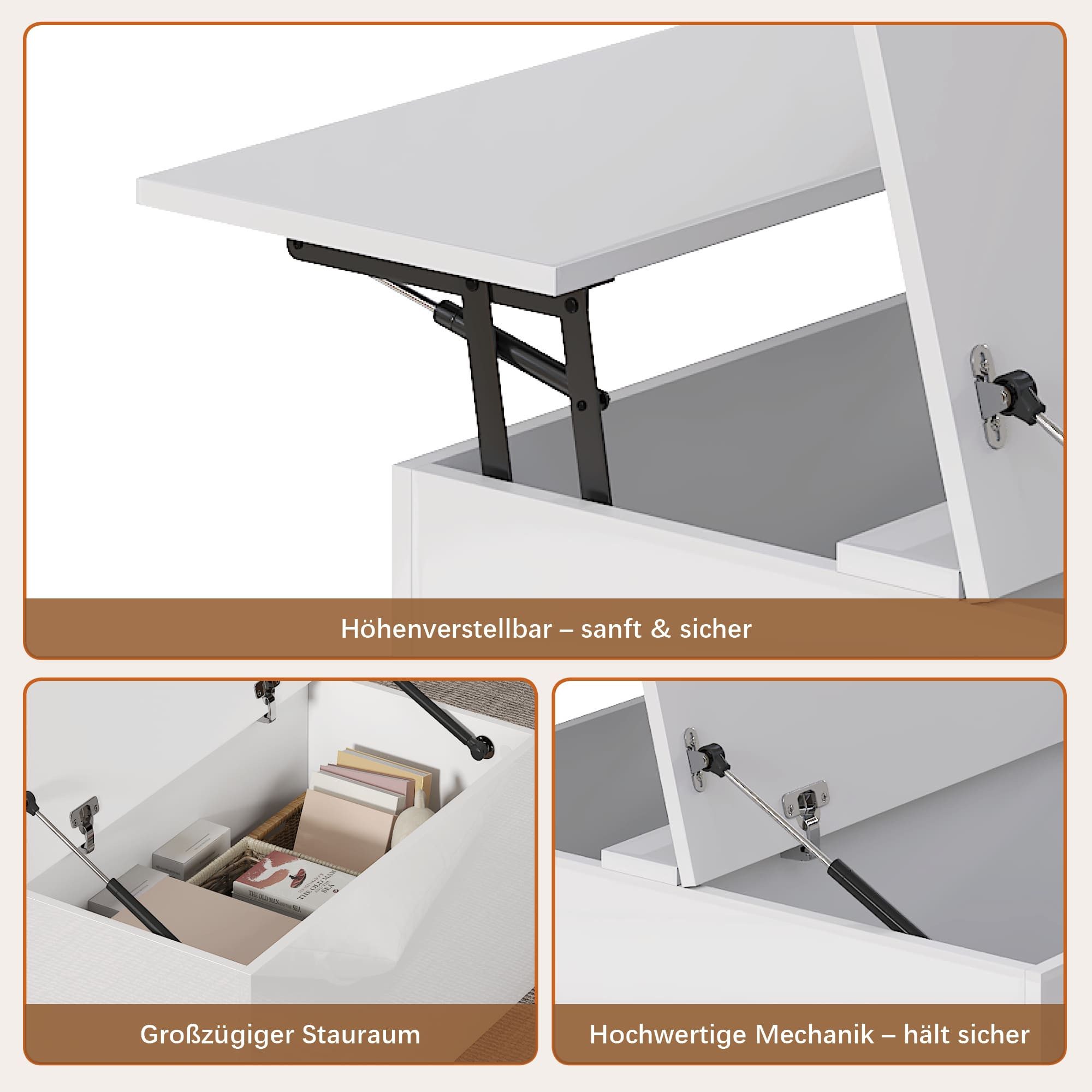 radelldar Couchtisch Wohnzimmertisch höhenverstellbar Stauraum  (40-54) x 78 x 78cm (1-St), Höhenverstellbare Tischplatte