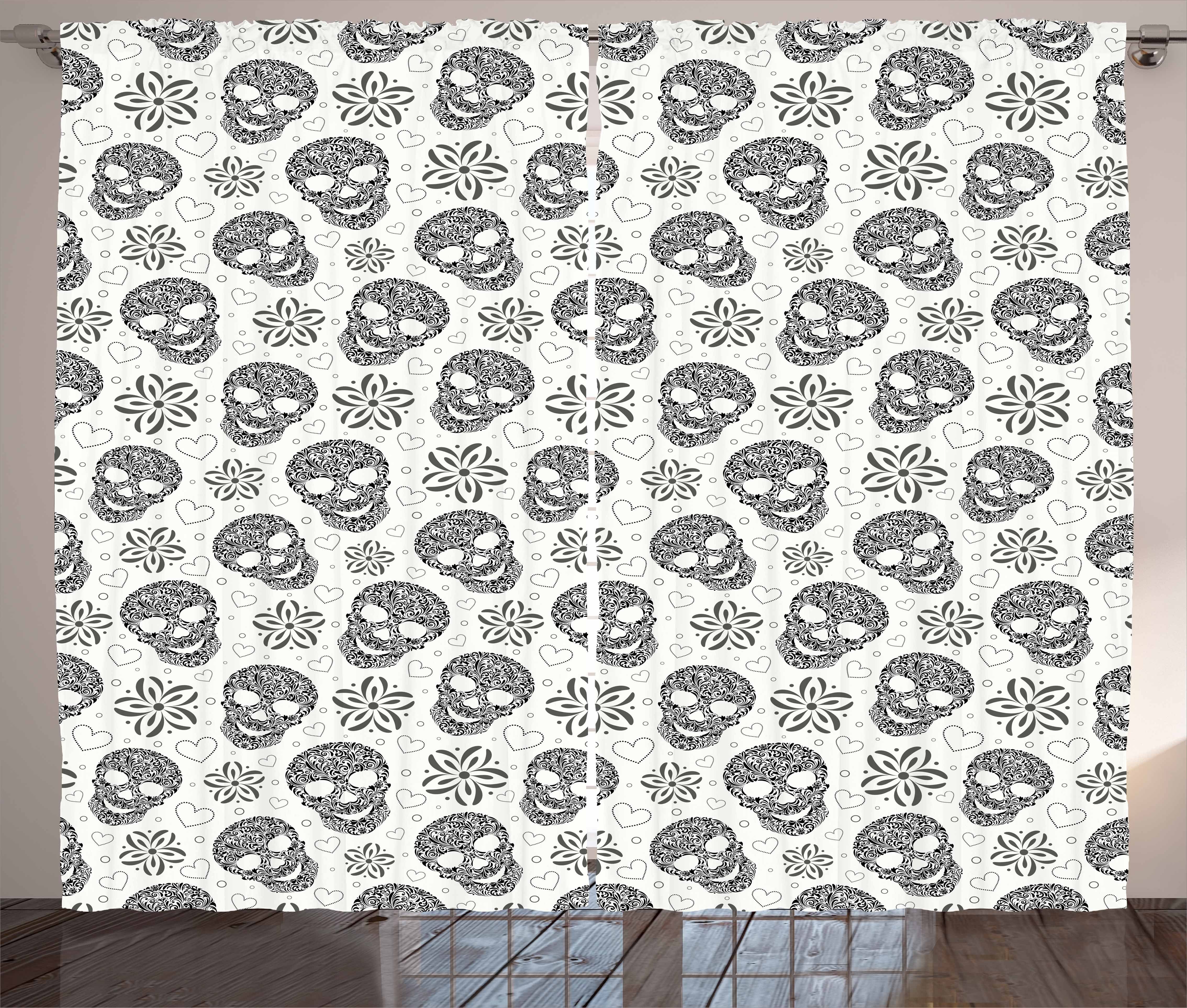 Gardine Schlafzimmer Kräuselband Vorhang mit Schlaufen und Haken, Abakuhaus, Schwarz und weiß abstrakte Schädel