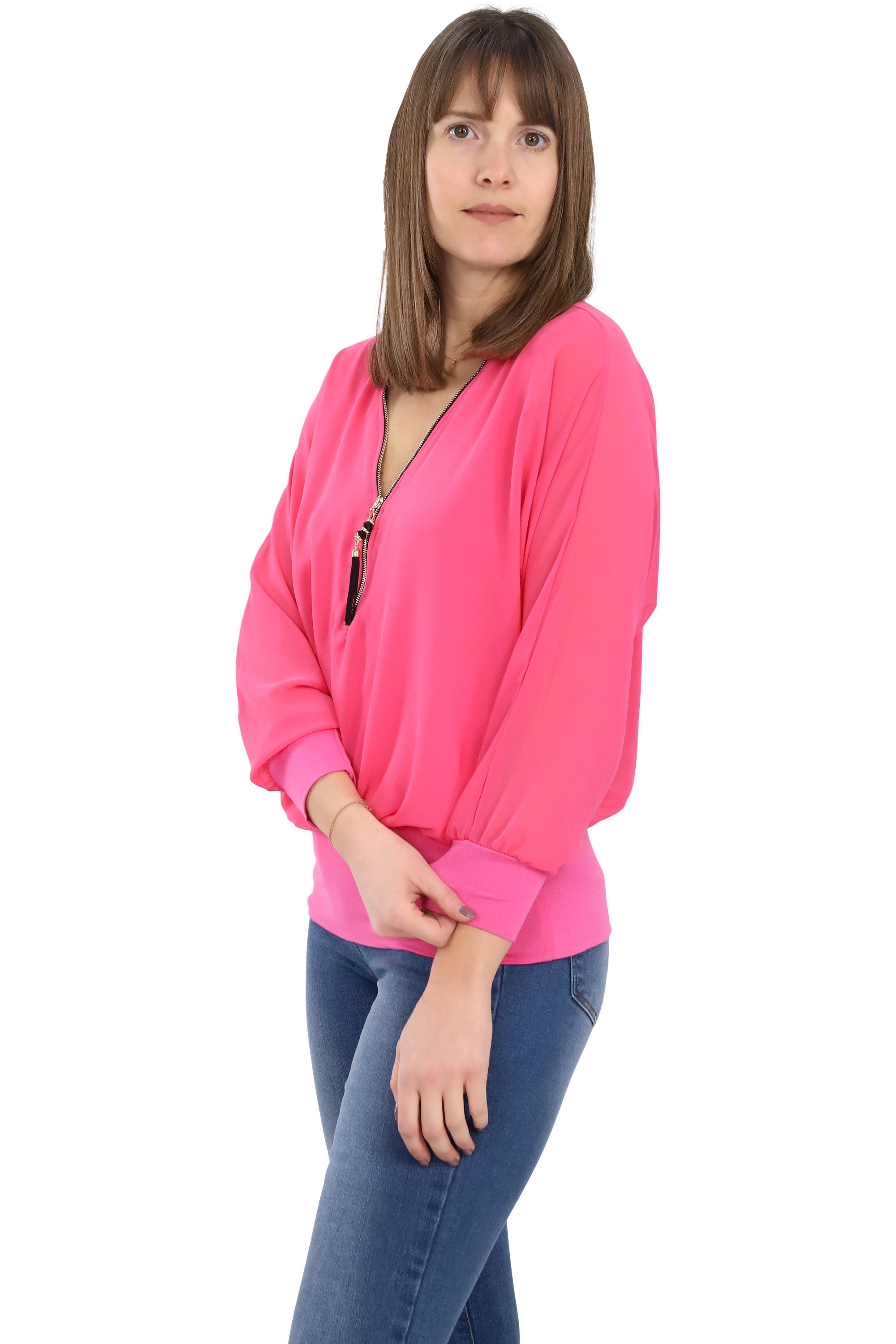 malito more than fashion Chiffonbluse malito Damen Bluse im Fledermaus Look, Tunika mit Zipper, kurzarm Bluse mit Fledermausärmeln Einheitsgröße