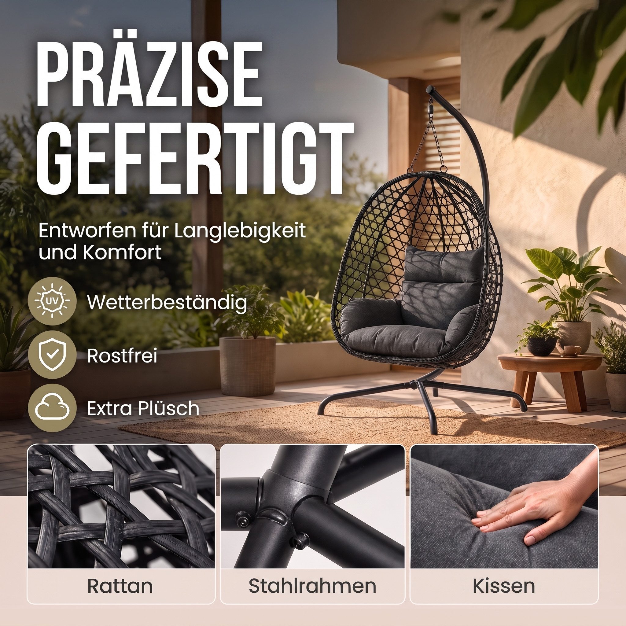 Goods+Gadgets Hängestuhl Polyrattan Hängestuhl mit Gestell und Kissen–Komfort für Innen & Außen (Hängekorb Sessel), Schwebeliege Rattan Outdoor & Indoor Relax H – Bild 5 von 5