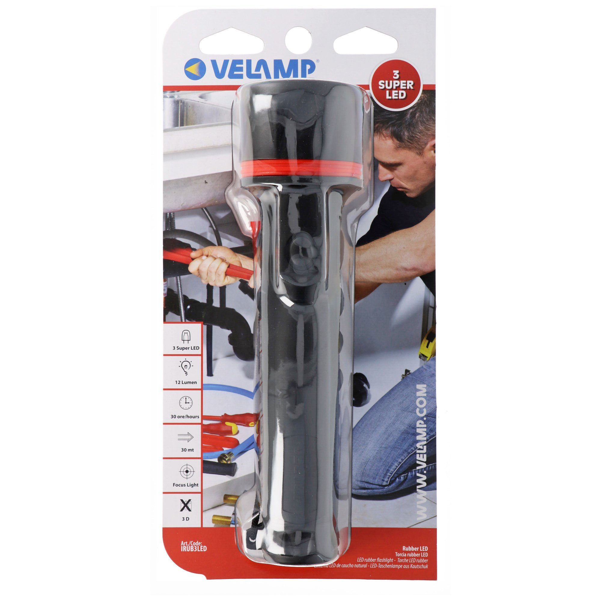 Velamp LED Taschenlampe Velamp LED Gummi-Taschenlampe, 3 LEDs, wasserdicht, mit Handschlaufe | Taschenlampen