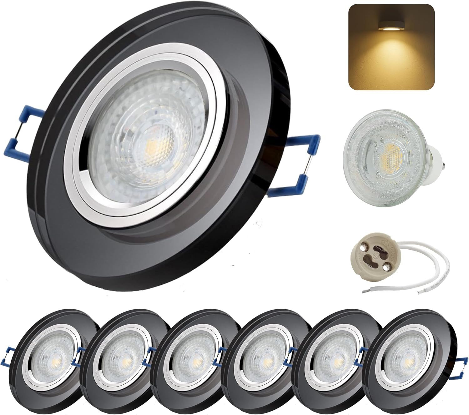 Sweet LED LED Einbaustrahler 6er SET Einbauleuchten GU10 7W 230V LED Deckenspots 3000K Glas Schwarz, 3000K, Warmweiß, Deckenspots, Ø 90 mm, Einbauleuchten