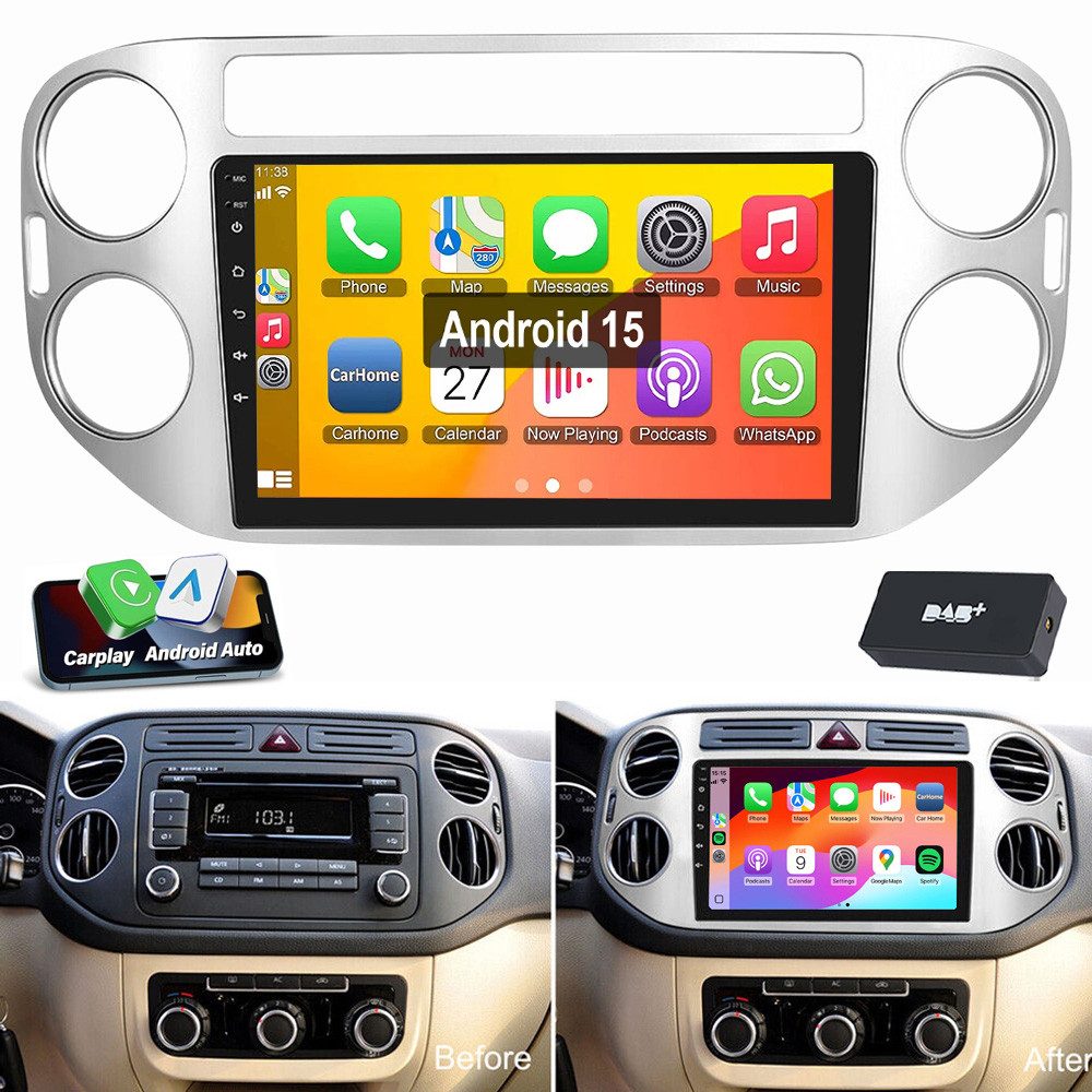 ESSGOO Für VW Tiguan 5N 2010-2016 Android 15 Carplay Android Auto Autoradio (RDS, Digitalradio (DAB), FM, AM, Carplay Android Auto GPS Navi WIFI BT SWC EQ)