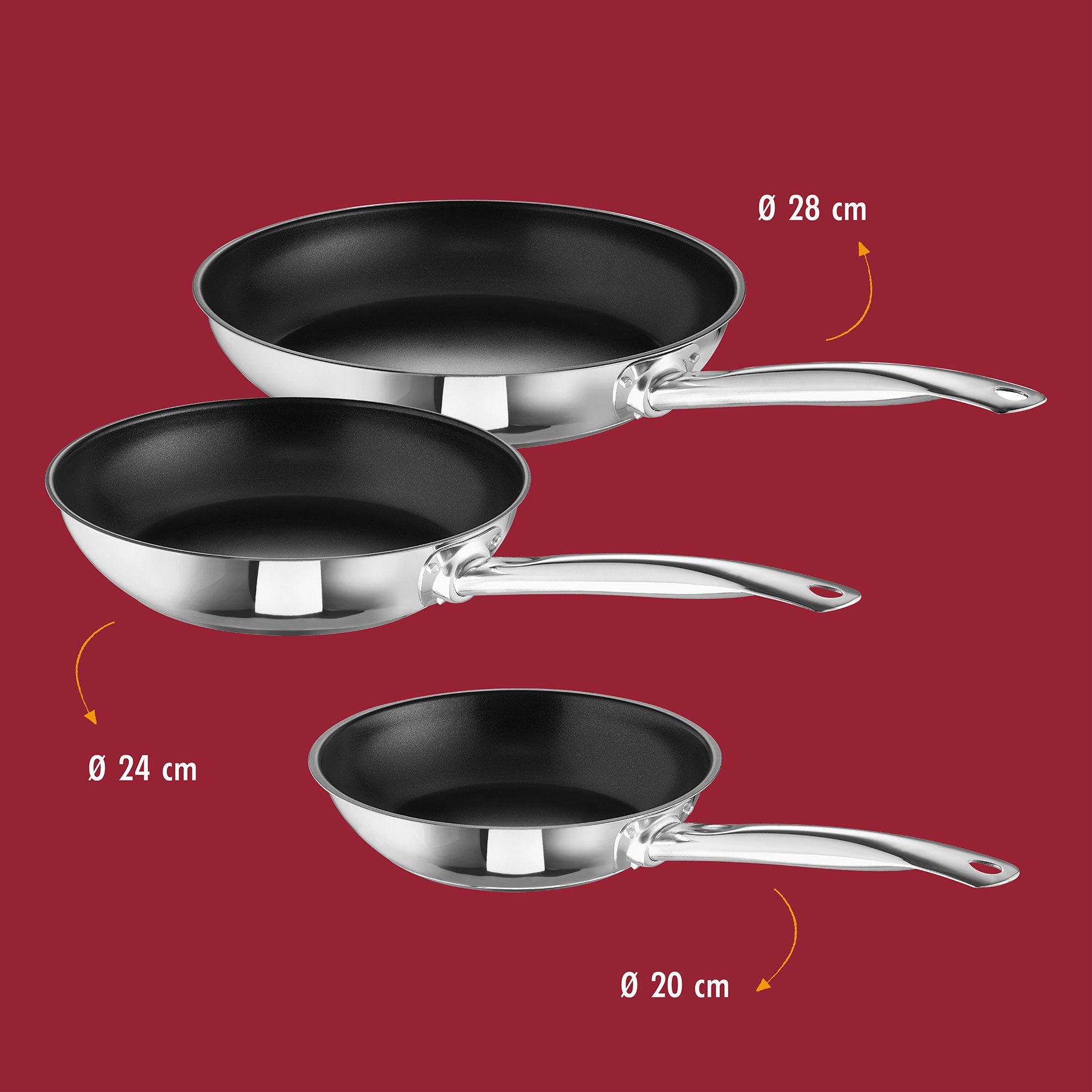 ROHE Germany Bratpfanne Bobby, Edelstahl (Set, 3-tlg., 3 x Pfanne), Ø 20 cm, 24 cm, 28 cm