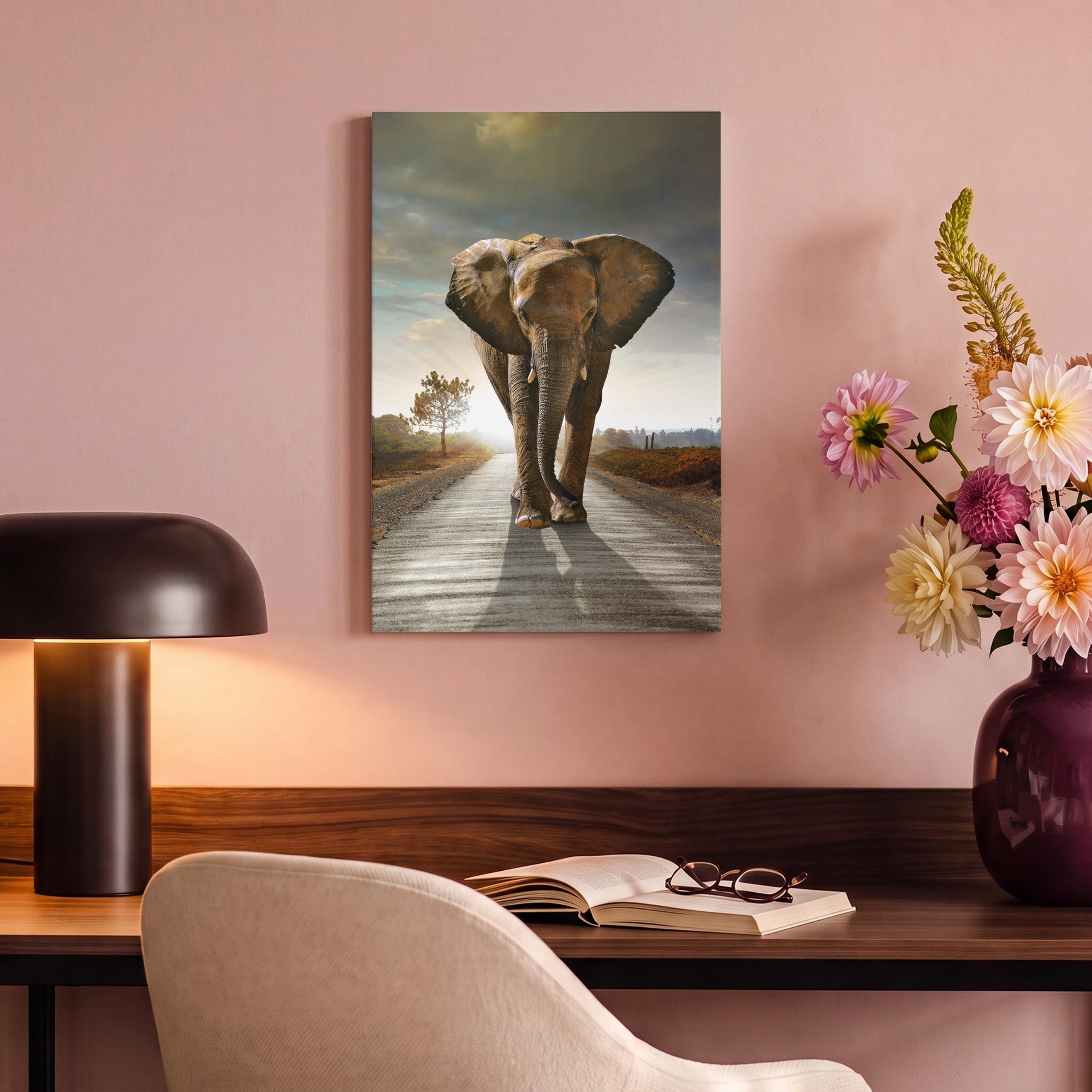 OneMillionCanvasses® Leinwandbild Elefant - Straße - Tiere - Sonnenuntergang - Landschaft, Fotodruck (1 St), Leinwand Bilder Klein, Wand Dekoration Aesthetic 30 – Bild 4 von 5