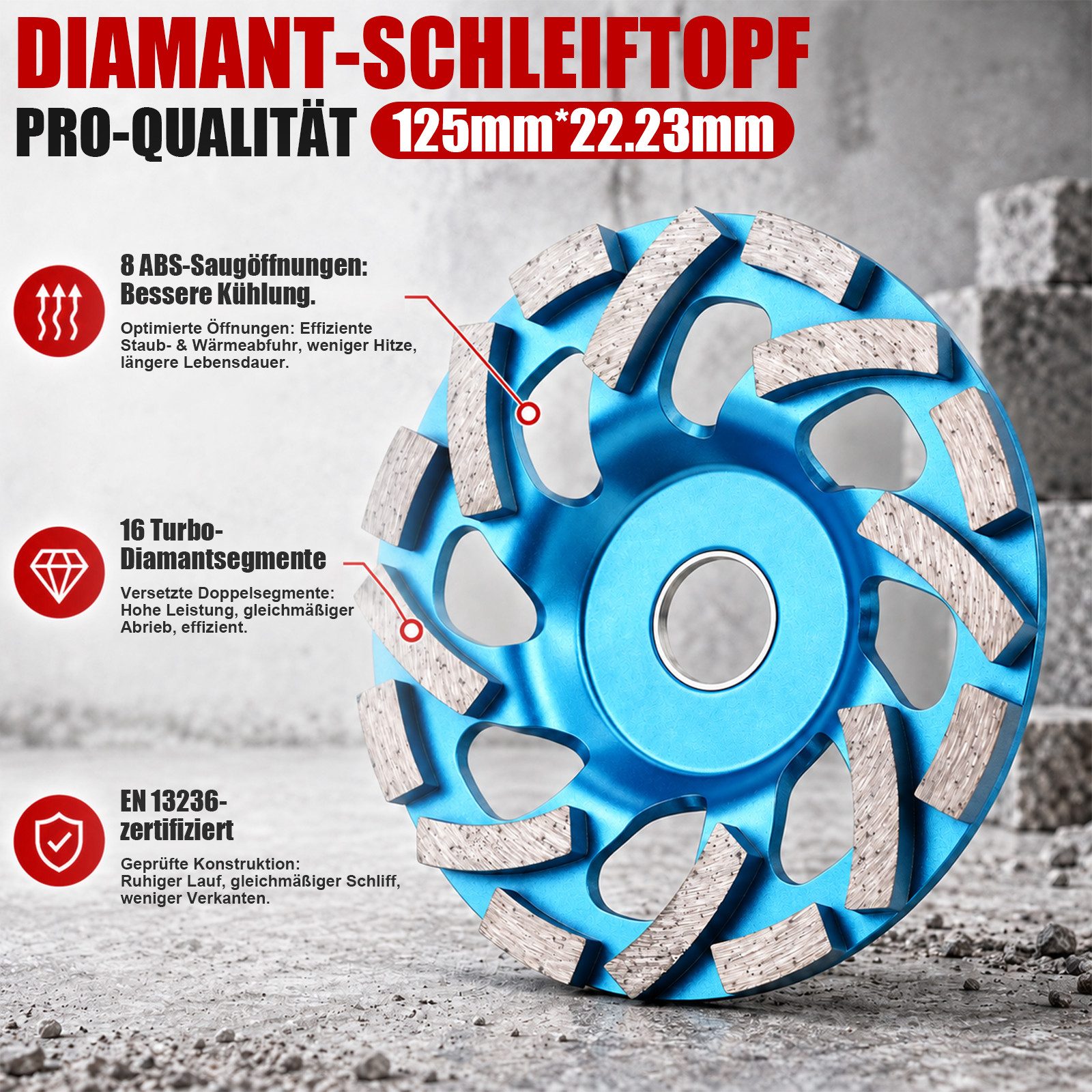 XERSEK Winkelschleifer 3× Diamant Schleiftopf 125mm mit Absaughaube & 4 Adapterring für Beton, (Set, 10 tlg., Staubschutzhaube Set mit Bürstenkranz), für Beton, – Bild 3 von 5