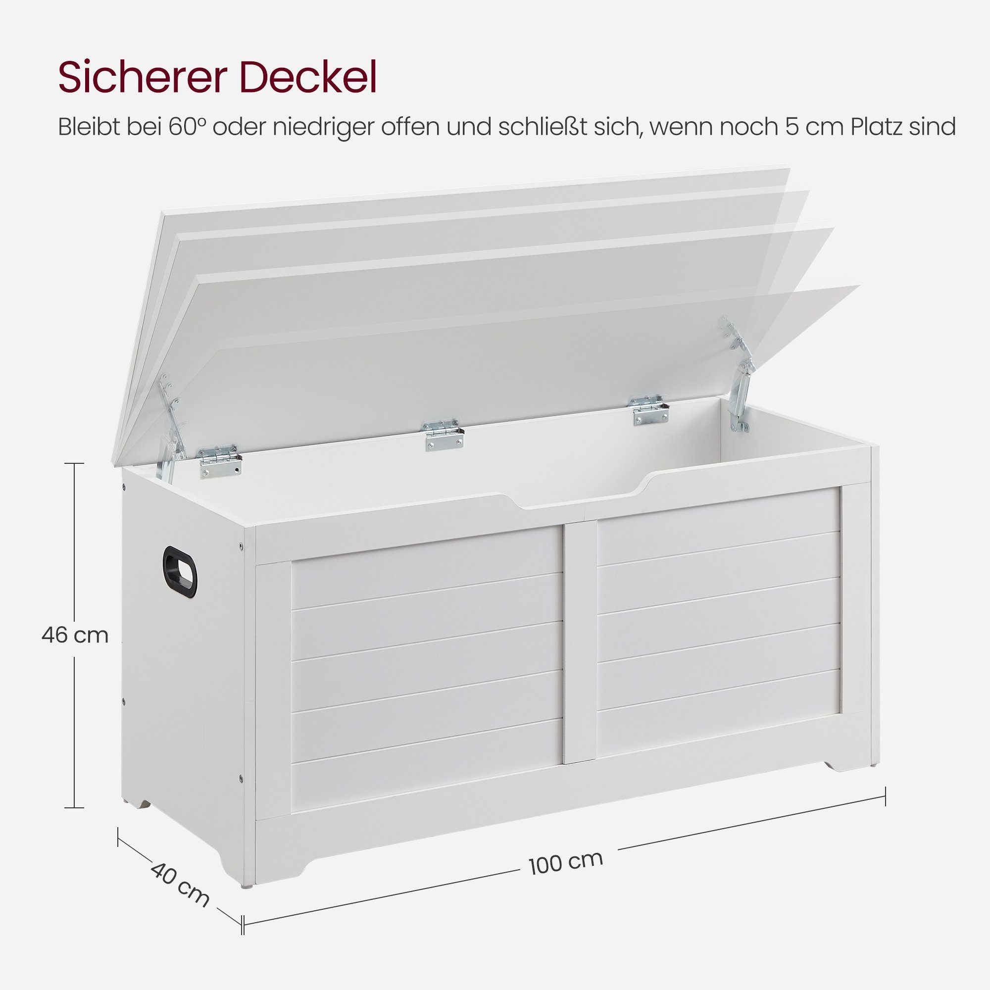 VASAGLE Sitzbank Schuhbank mit Stauraum, Sitztruhe mit 2 Sicherheitsscharnieren, Landhausstil, 40 x 100 x 46 cm, für Flur, Schlafzimmer, Wohnzimmer – Bild 4 von 5
