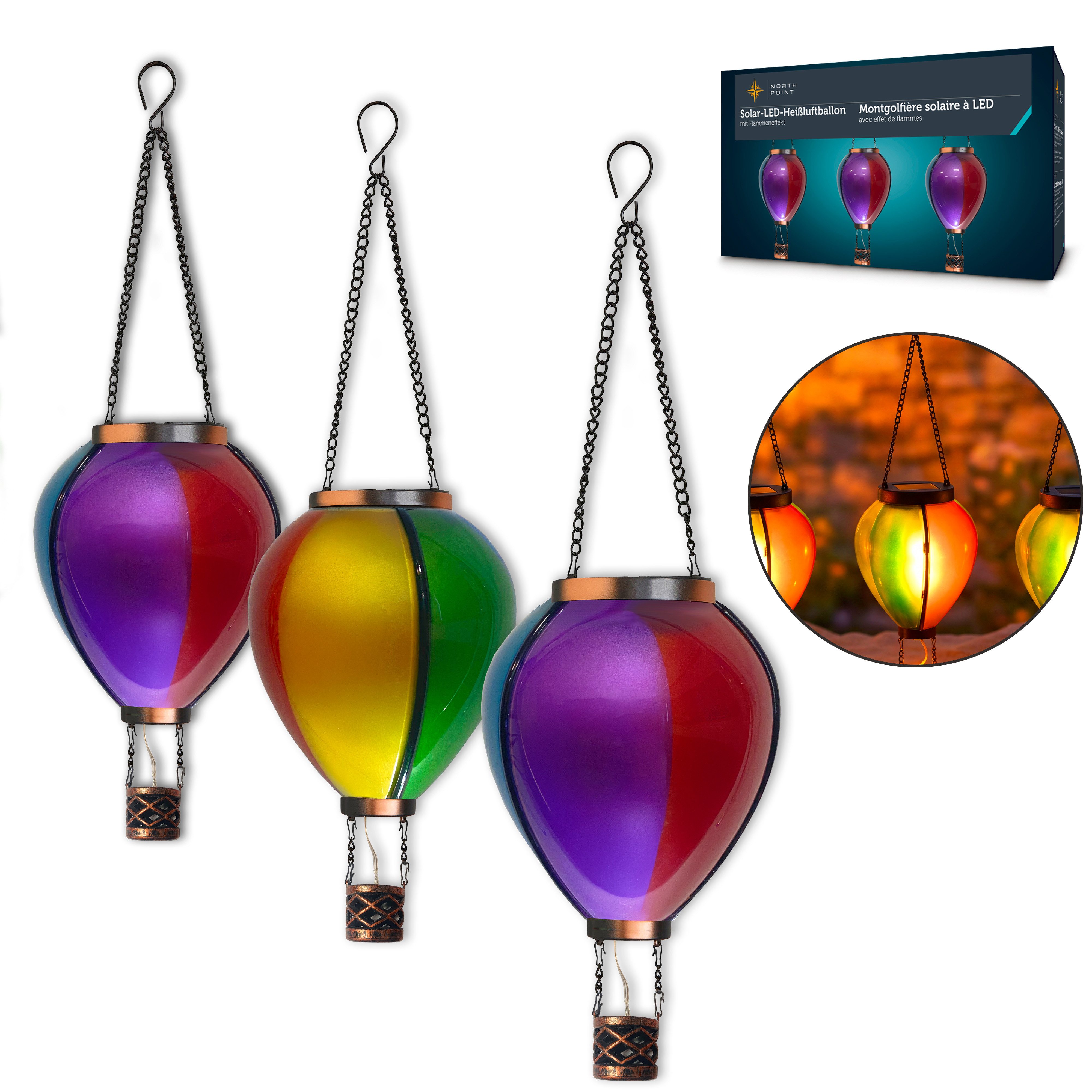 Northpoint LED Solarleuchte Heißluftballon 3er-Set Flammeneffekt Dämmerungssensor