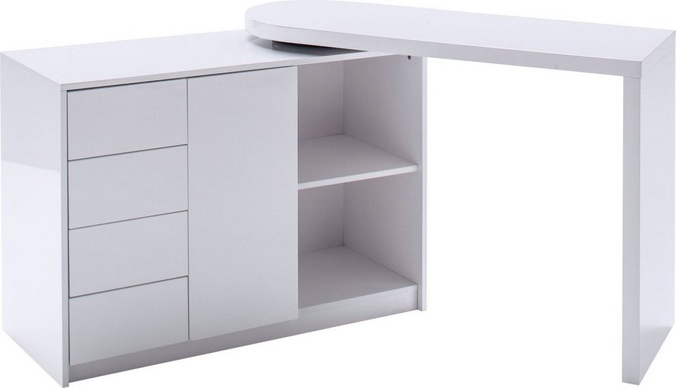 MCA furniture Schreibtisch Matt, Weiß Hochglanz mit Regalschrank,  Tischplatte Schwenkbar, Tischplatte Schwenkbar ca. 166 cm breit mit Rollen