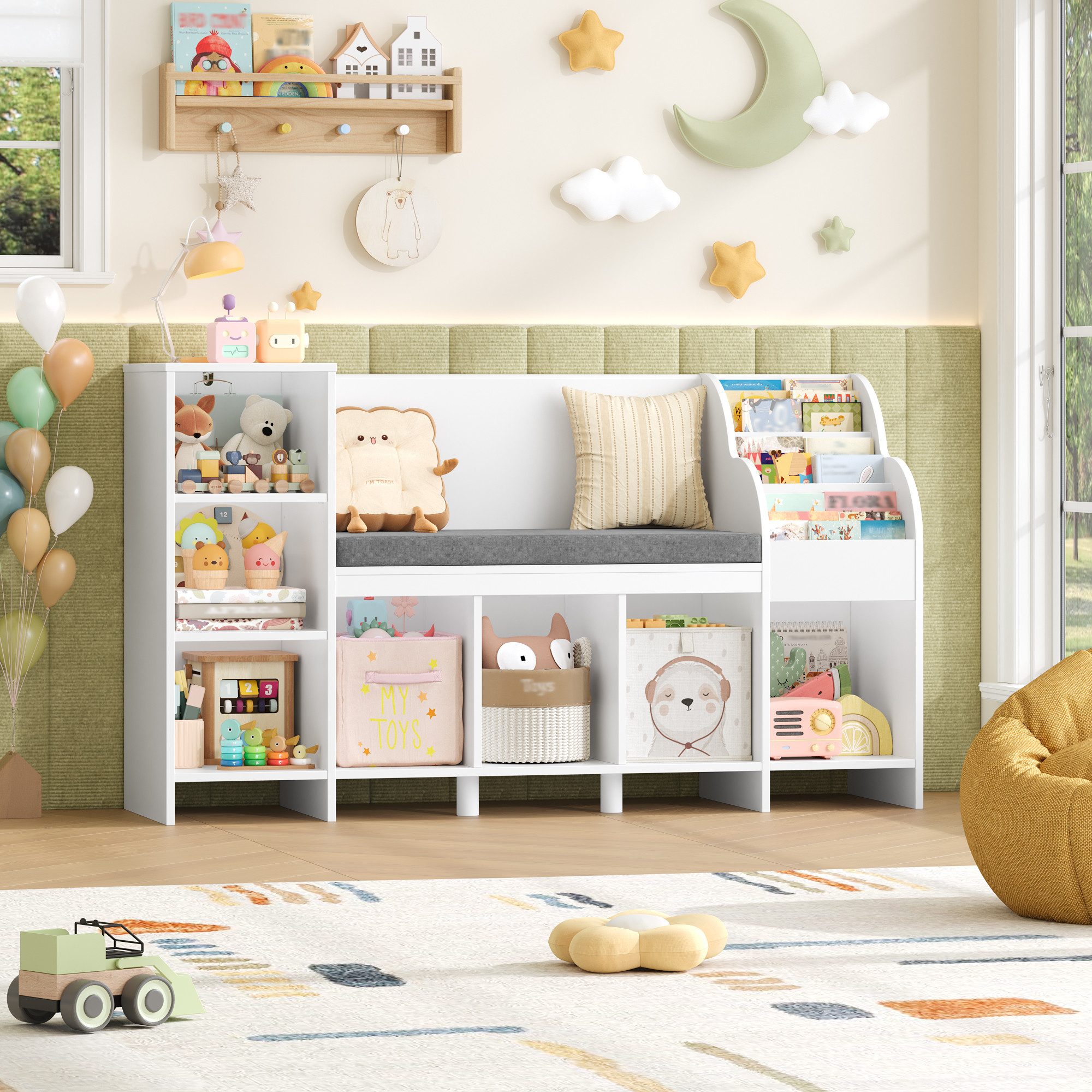 HOMECHO Spielzeugtruhe, Bücherregal Kinder mit Kissen und 7 Ablagefächern Weiß