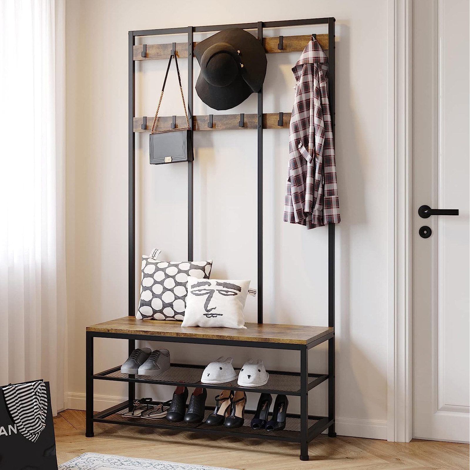 OUNUO Garderobe Garderobenständer mit Sitzbank und Schuhregal Flurregal – Bild 2 von 5