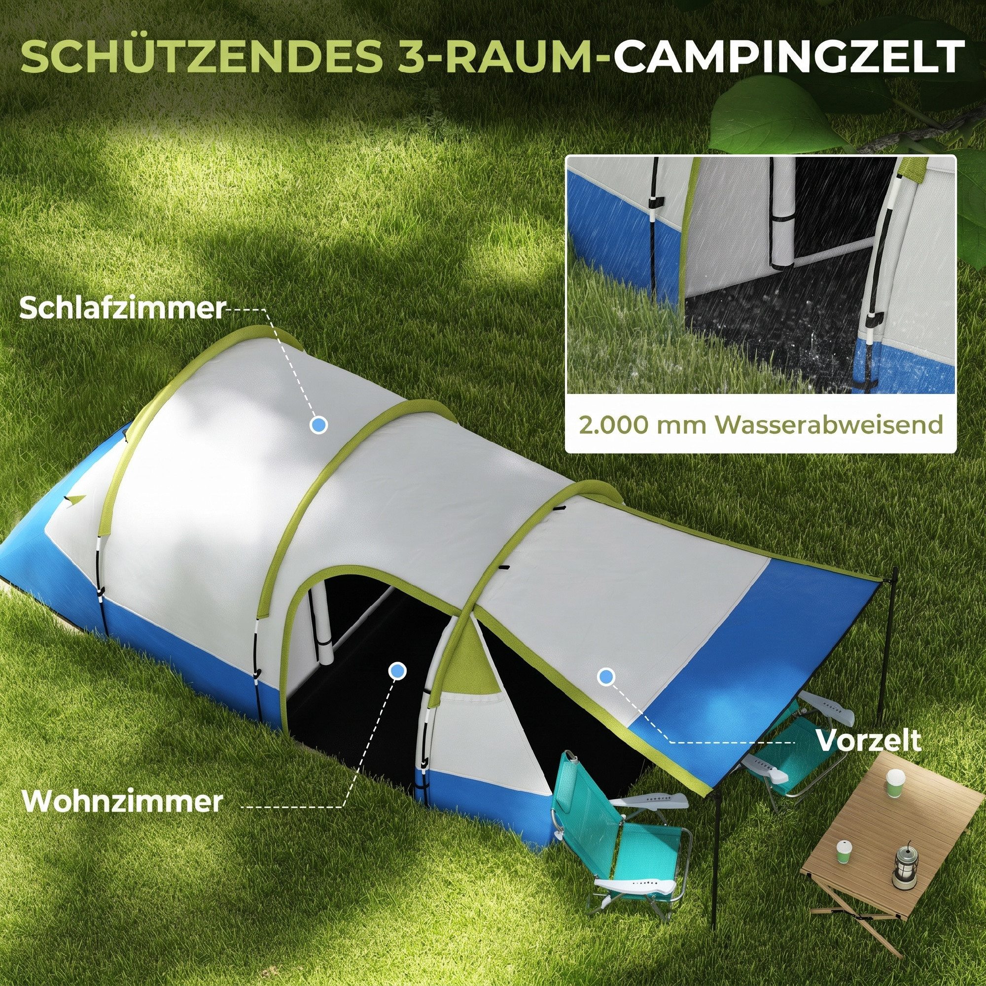 furnicato Gruppenzelt Tunnelzelt 4 Personen 420x200x150 cm Grün, (1 tlg), Wasserdichtes Zelt mit 3 Türen, Bodenplane und Laternenhaken