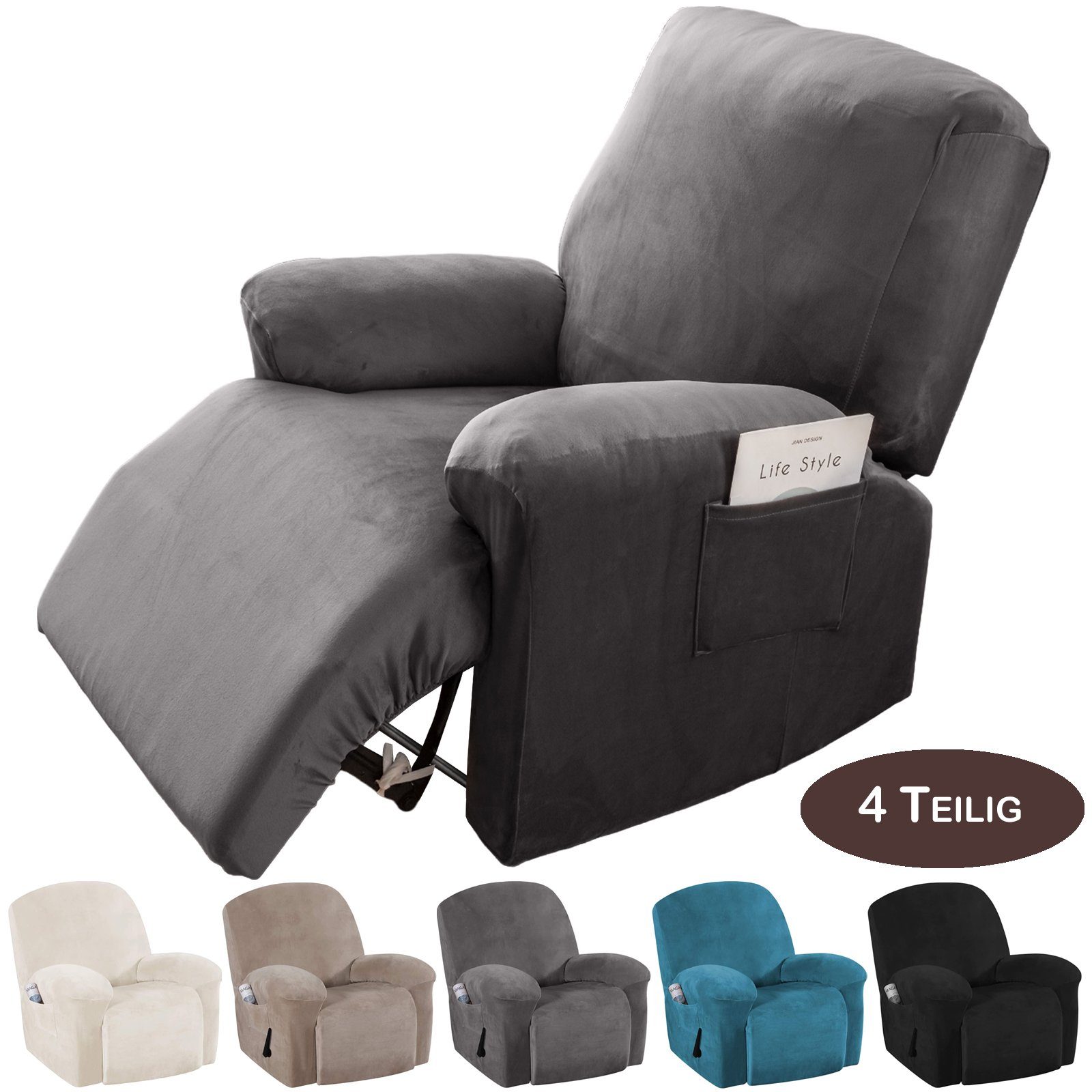 BTTO Relaxsesselhusse Sesselhussen Relaxsesselhusse Samt,Stretch Sesselbezug,4 Teile, für Komplett,Fernsehsessel Liege Sessel Im Wohnzimmer,Schlafzimmer von BTTO