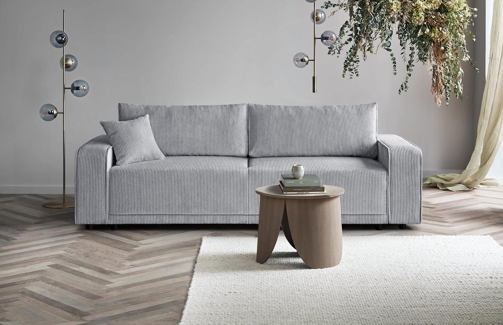 Beautysofa Schlafsofa PRIMO, modernes Design Sofa, Wellenfedern, Schlaffunktion, Bettkasten, breite Armlehnen Hellgrau (poso 55)
