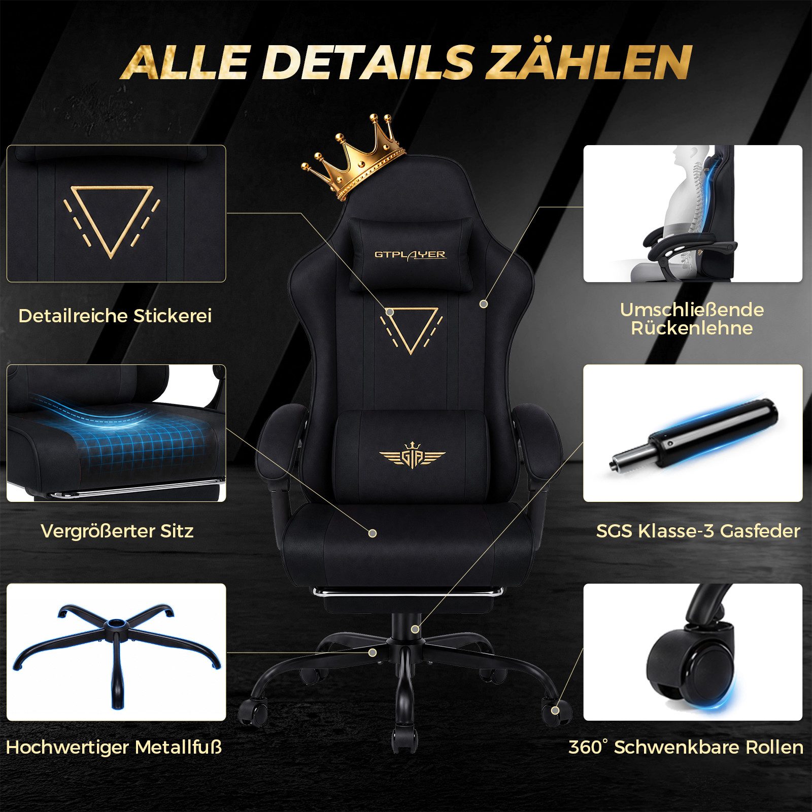 GTPLAYER Gaming-Stuhl Ergonomischer Gaming Sessel Schreibtischstuhl mit Federsitzkissen, Stoffoberfläche, Verbindungsarmlehnen und Fußstütze 150KG