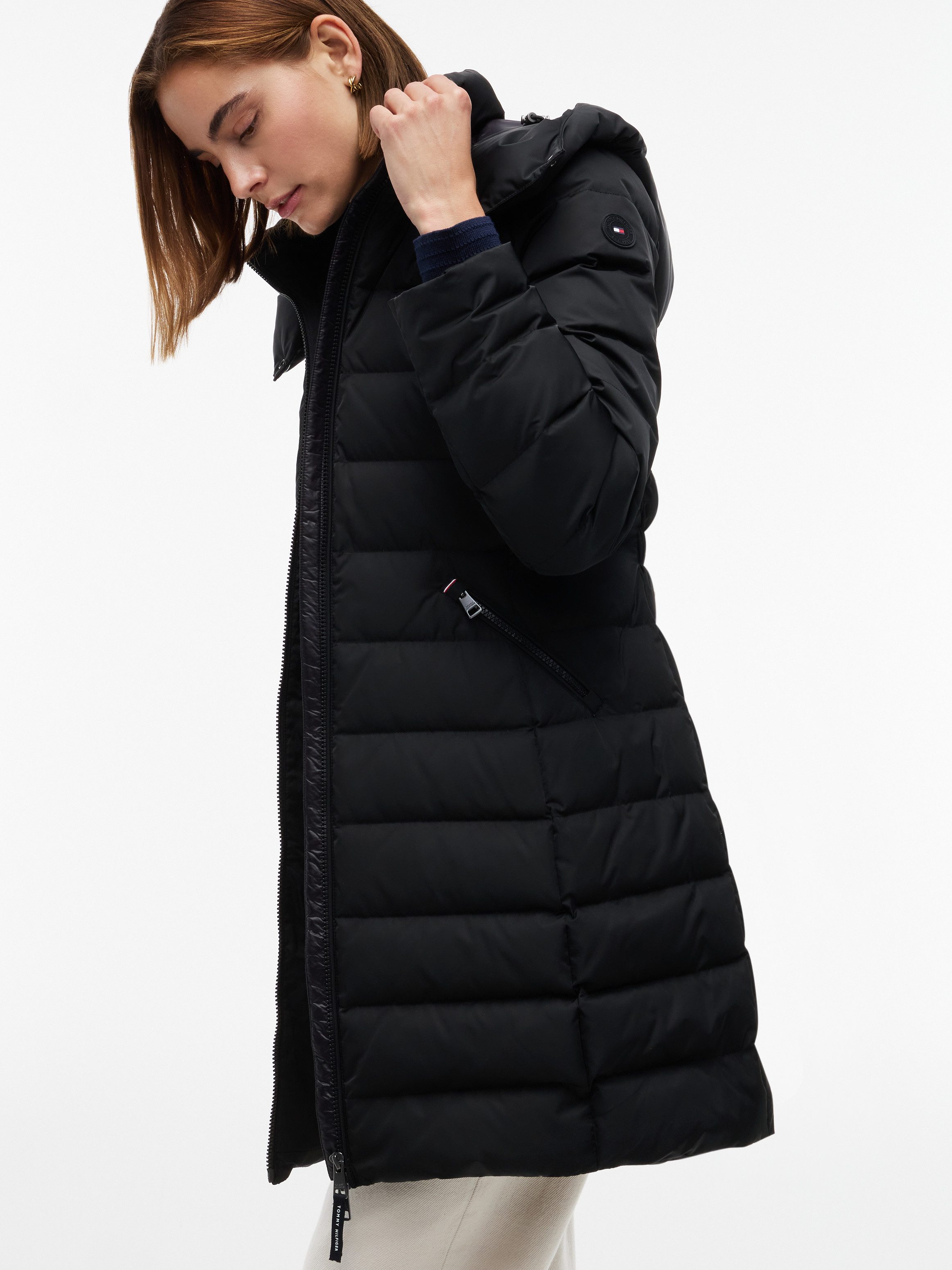 Tommy Hilfiger Steppmantel DOWN BRANDED FITTED COAT Kunstfaser, auch in großen Größen