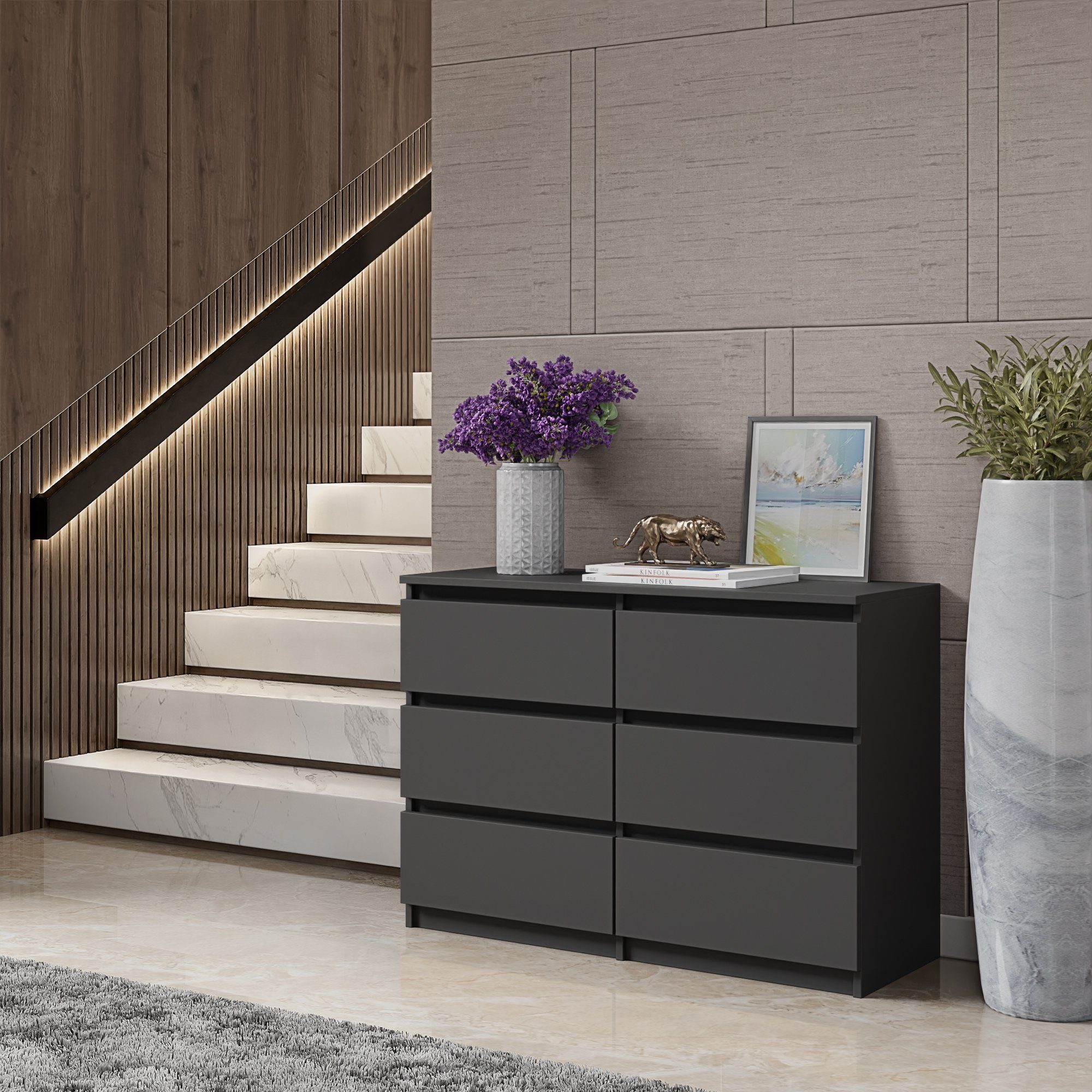 Furnica Kommode GABRIEL 6 Schubladen - Anthrazit Grau H70cm B100cm T33cm