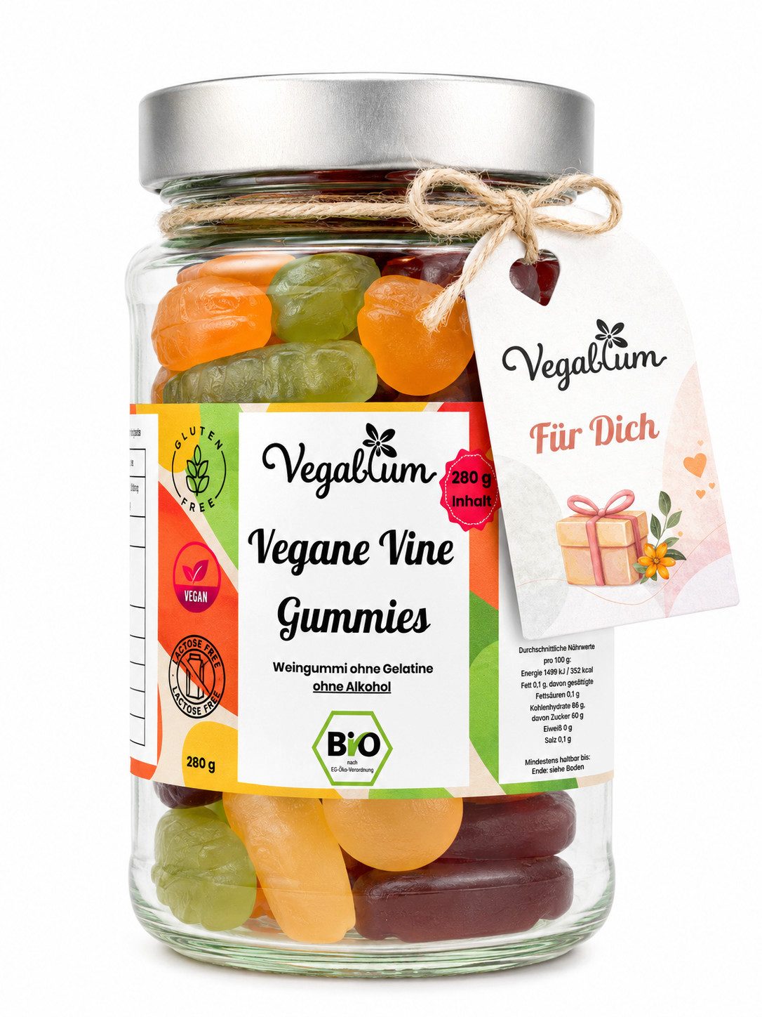 Vegablum Süßigkeit Bio Vine Gummies im XL Glas mit Für Dich Anhänger, 280 g, 1 x 280,00 g