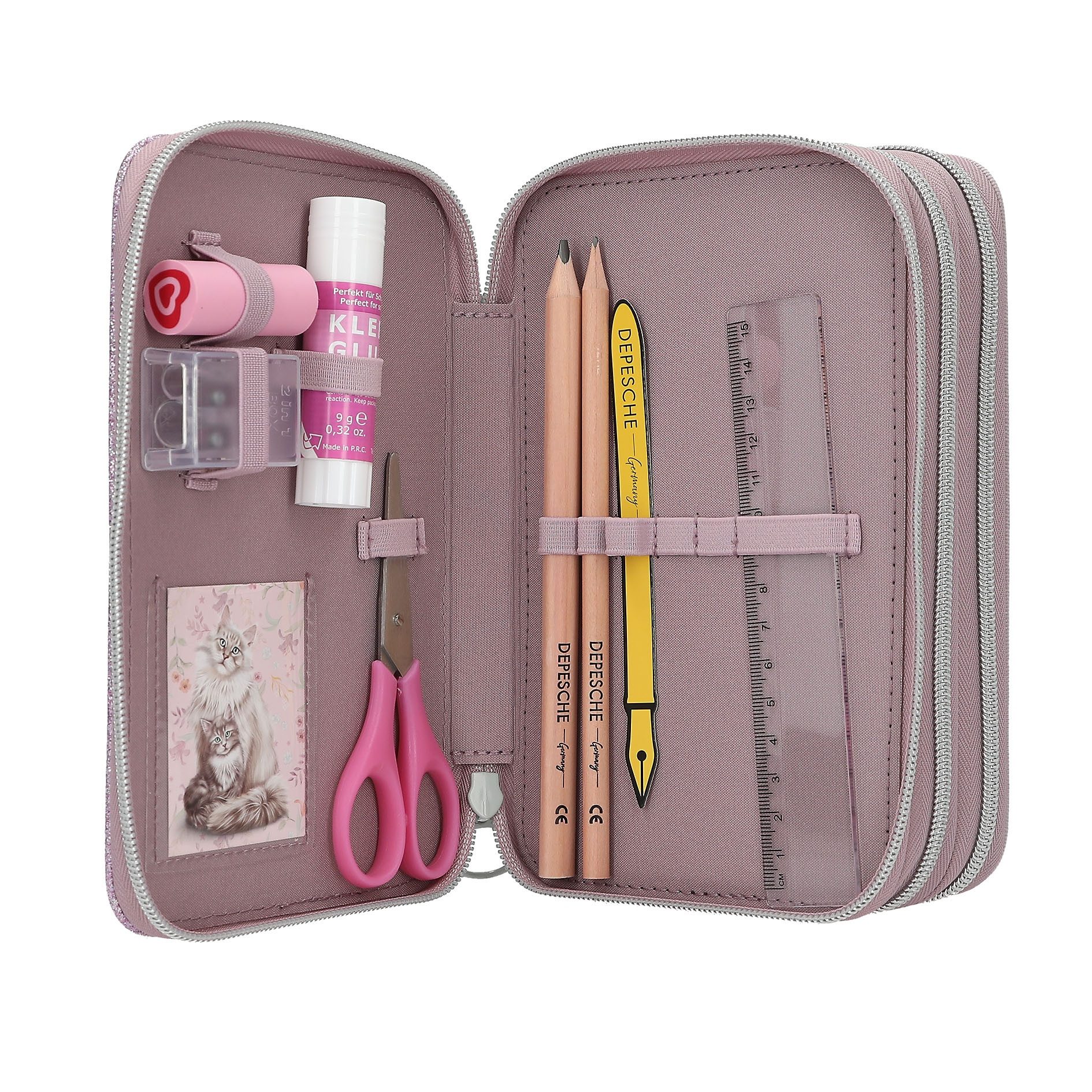 Depesche Federtasche Top Model Katzen 3 Fach Federmäppchen BLOOMING KITTY Federmappe, (43-tlg), gefüllt