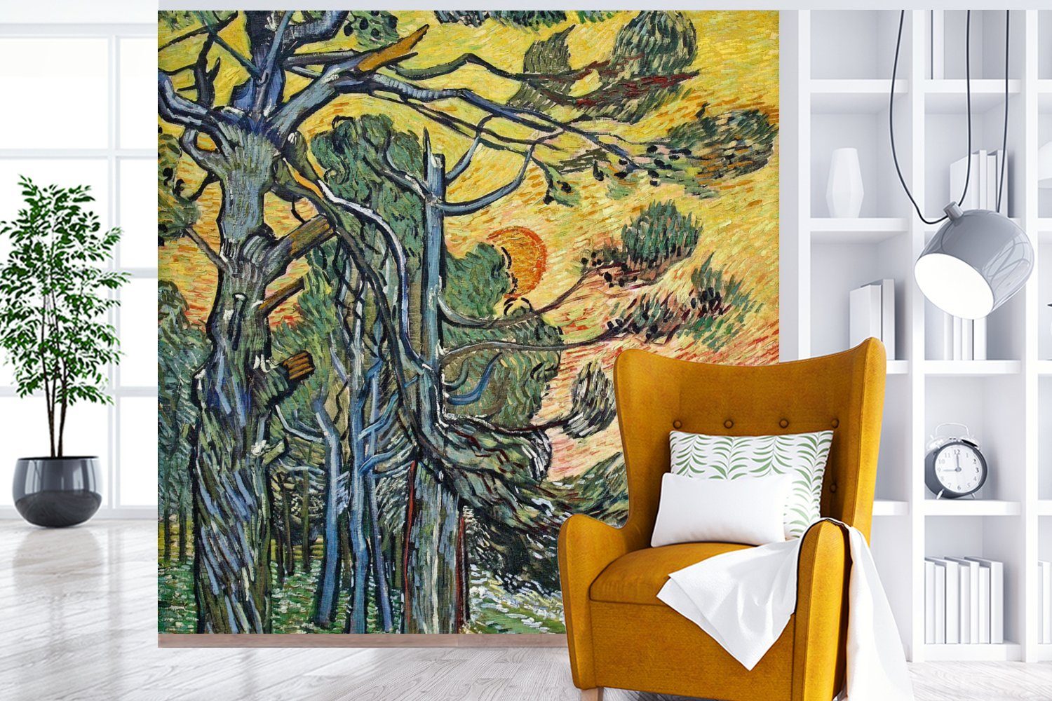 St), bedruckt, Küche, - für MuchoWow Fototapete van bei Tannenbäume Wohnzimmer Gogh, (4 Schlafzimmer Vincent Matt, Fototapete Sonnenuntergang Vliestapete
