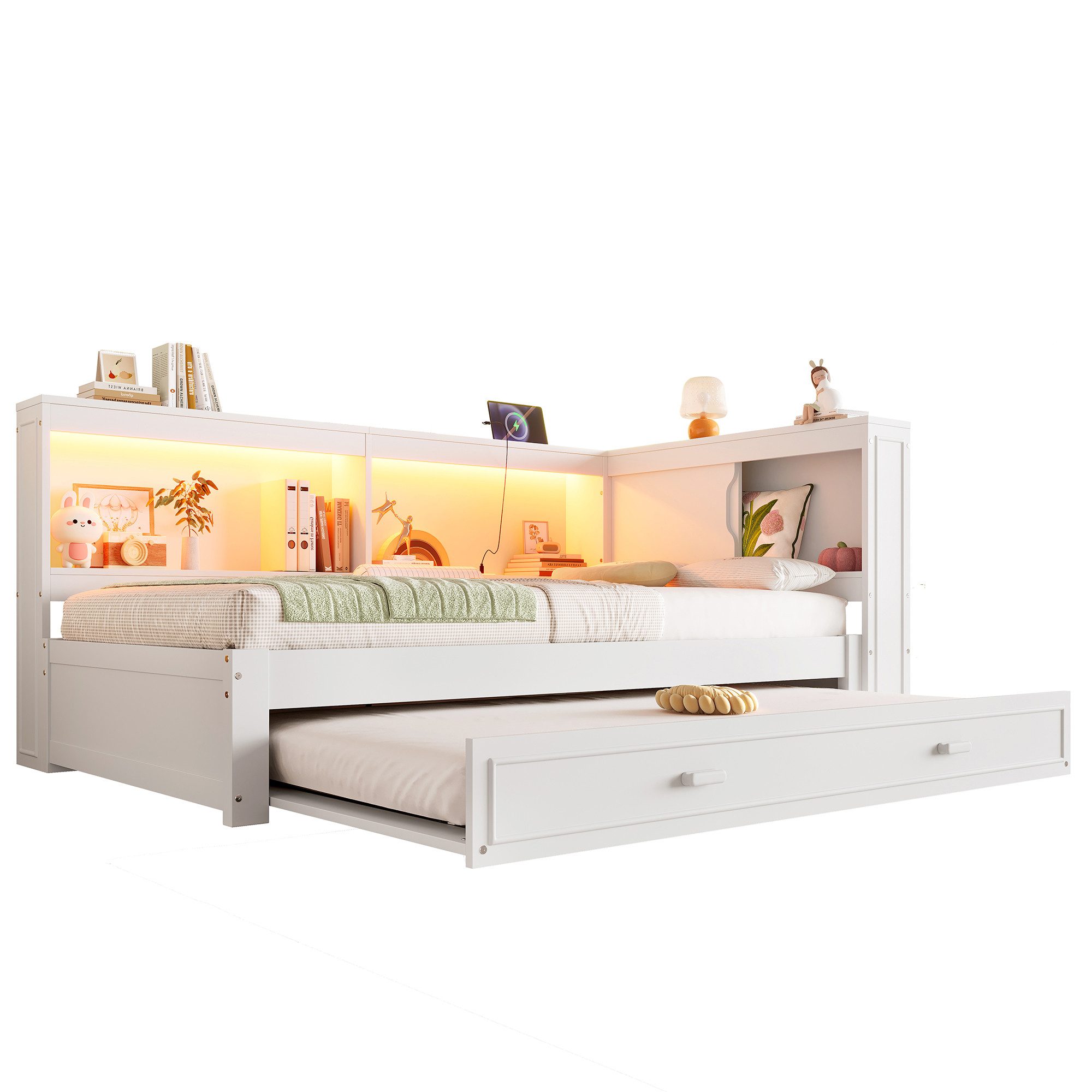 SOFTWEARY Stauraumbett mit LED-Beleuchtung und Gästebett (90x200 cm, Lattenrost, Regal, Schrank, Steckdose, USB und Type-C Anschluss), Einzelbett, Holzbett