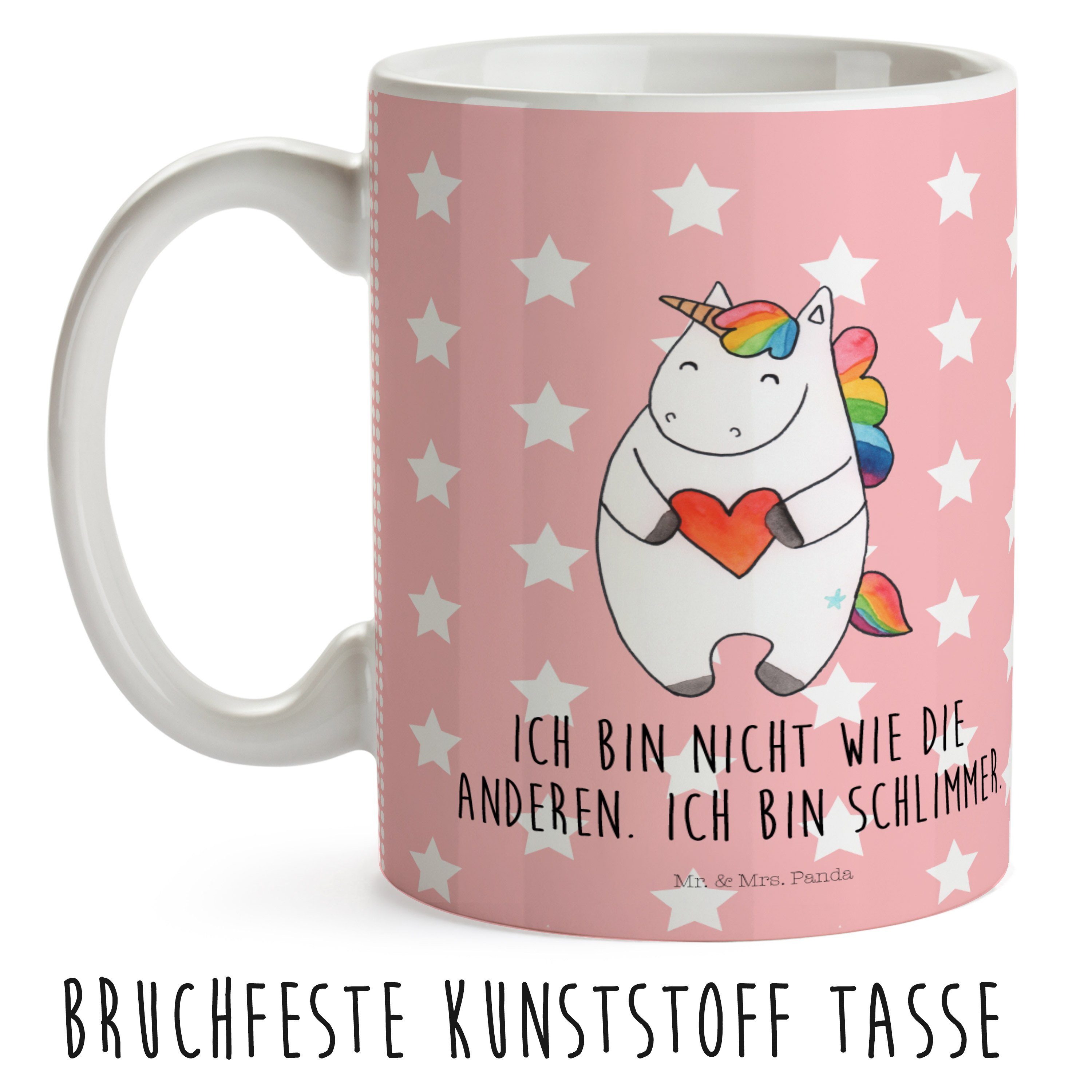 Mrs. & Panda Kindergarten, Kunststoff Pastell - Herz Tasse, Rot Geschenk, Einhorn Kinderbecher - Mr. Unicorn,