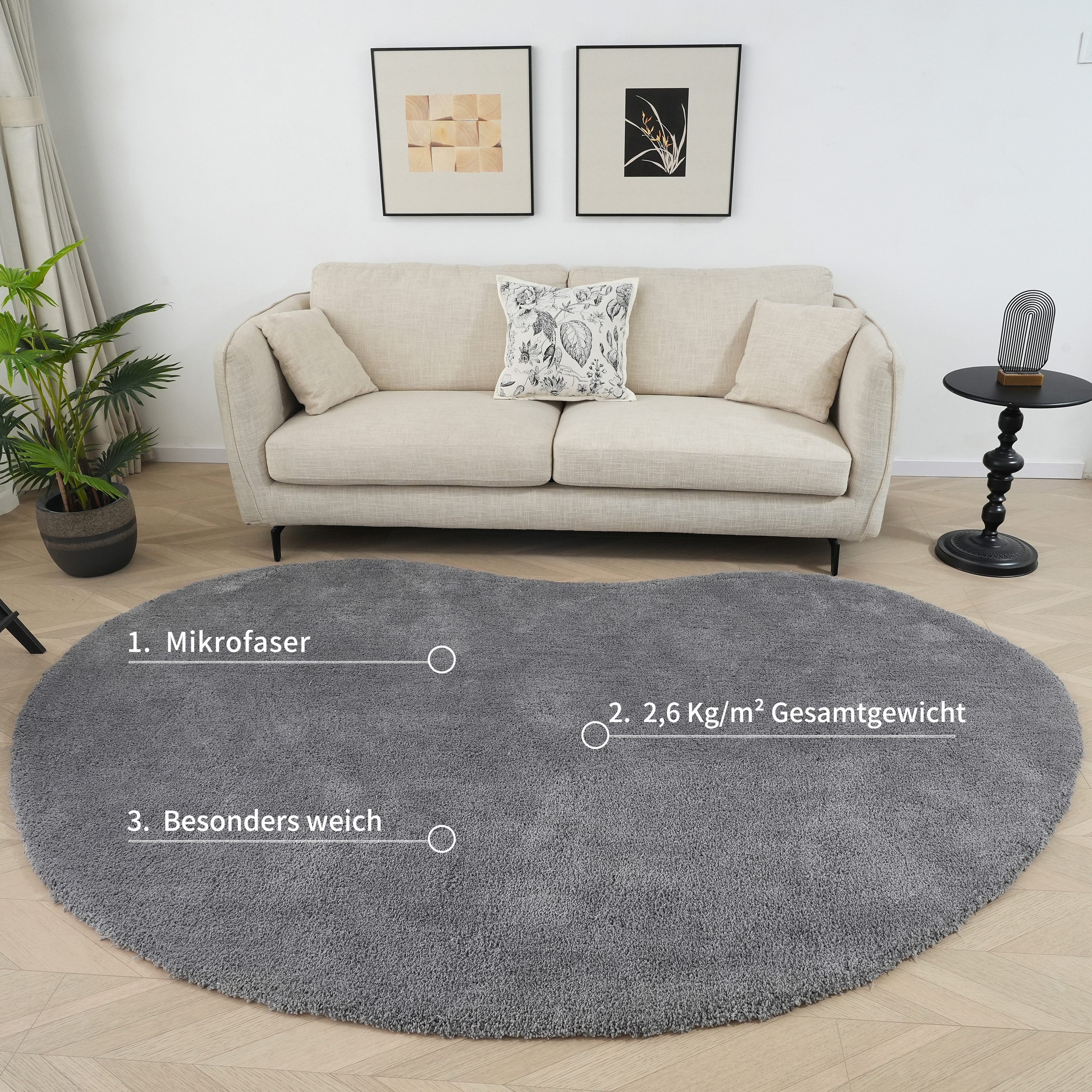 LeGer Home by Lena Gercke Hochflor-Teppich Halrum, einfarbig, besondere Form, modern, U-förmig, Höhe: 25 mm, organische Form, bean shape, kuschelig, Wohnzimmer, Schlafzimmer