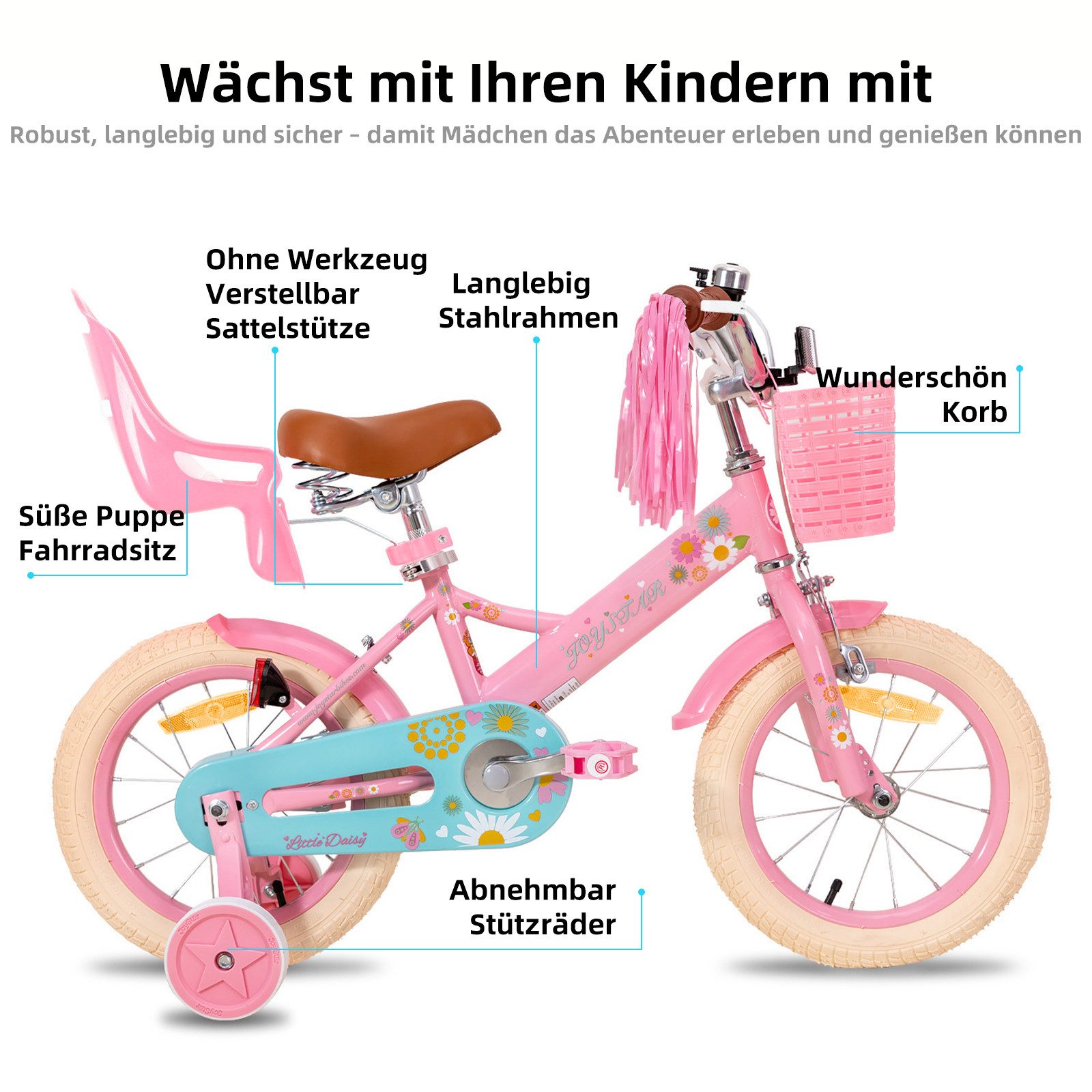 JOYSTAR Kinderfahrrad 12, 14, 16 Zoll Mädchenfahrrad, 3 - 8 Jahre,Geschenk für Prinzessin, 1 Gang, Mit Hilfsrädern, farbigen Bändern, Korb, Reflektor, Kettenabdeckung