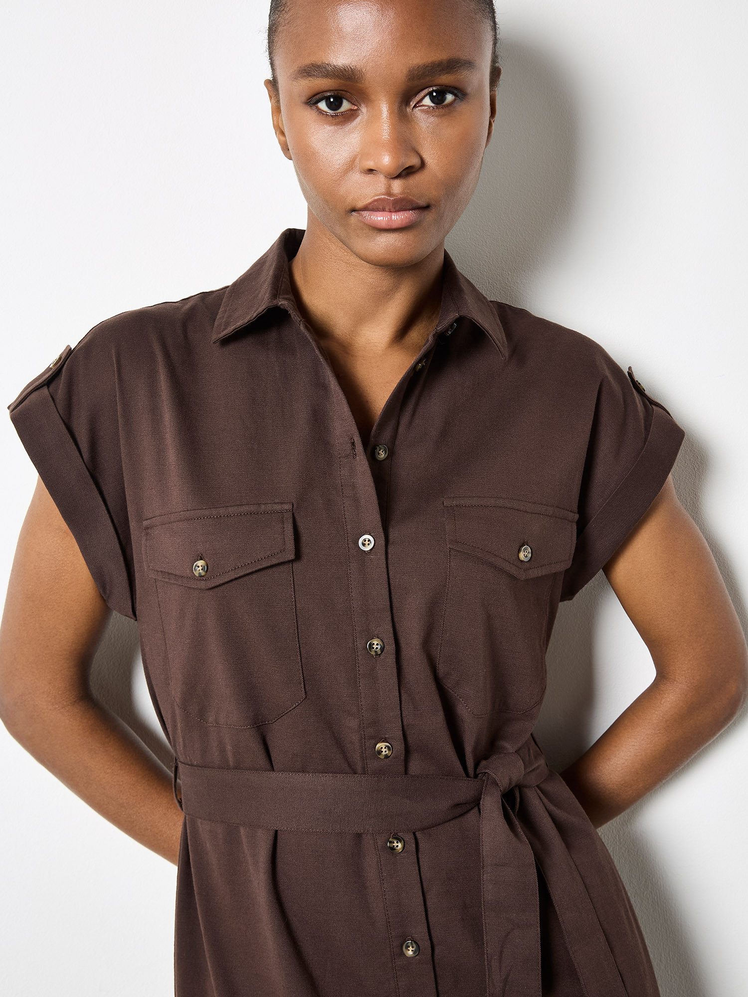 Apricot Midikleid Unifarbenes Hemdblusenkleid mit Bindeband günstig online kaufen