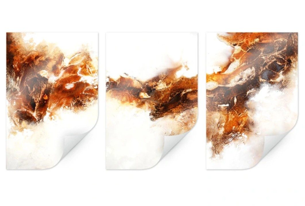 K&L Wall Art Плакат Fedrau - Flüssiges Gold 02 (3-tlg), abstrakter Kunstdruck, Wohnzimmer Wandbild modern