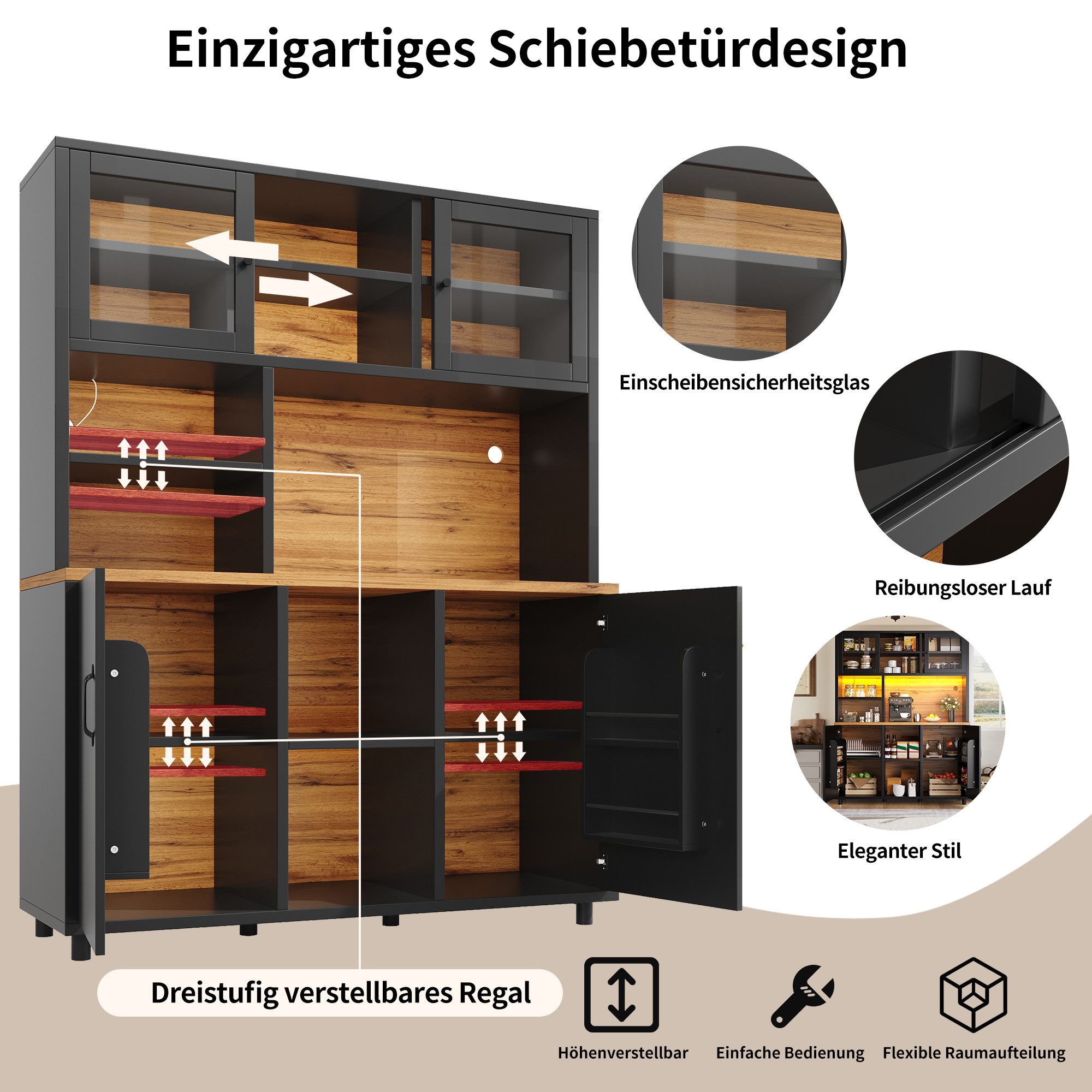 Celya Hochschrank Küchenschrank,Esszimmerschrank,Schränke mit LED-Beleuchtung (mit LED-Beleuchtung, Snackablage,Retro-Stil) ideal für Küche, Esszimmer oder Wohnbereich