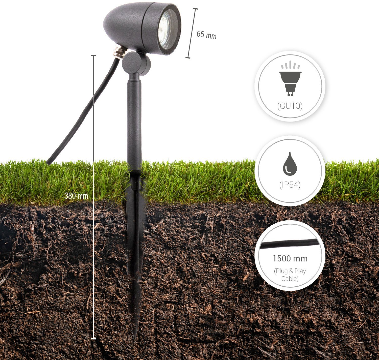 Paco Home Gartenstrahler Luspo, ohne Leuchtmittel, Outdoorleuchte Erdspieß Leuchte Spot GU10 Kabel 1,5m Mit Stecker
