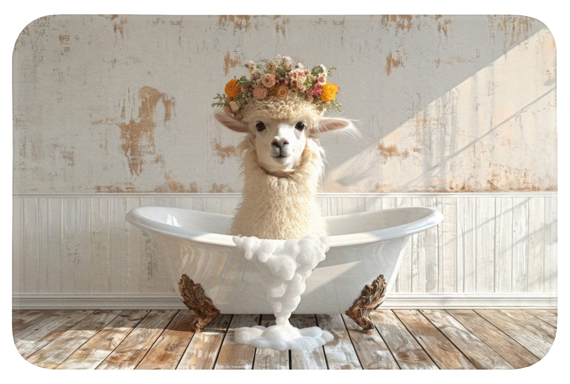 OnlyWow Badematte Vintage - Alpaka - Badewanne - Blumen - Tiere, Höhe 10 mm, Polyester, Rechteckig, Badezimmerteppich, Badteppich, Rutschfest, Badvorleger, Waschbar