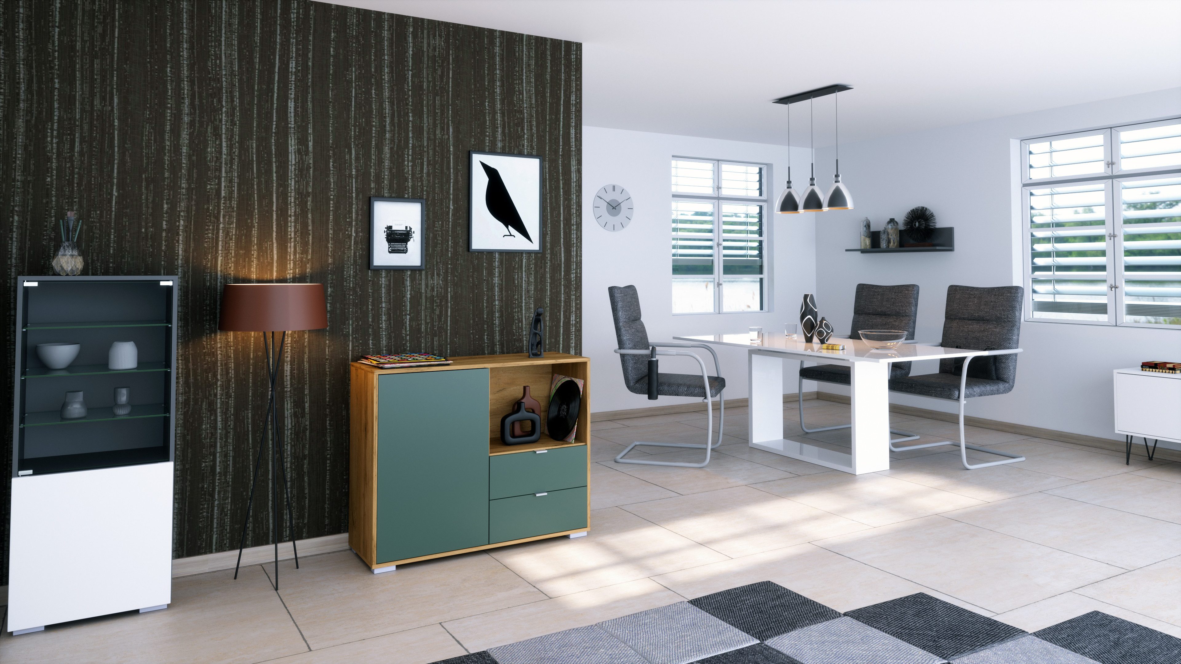 Vladon Kommode Milano (Kommode mit 1 Tür Eiche Evoke, 2 Schubladen Fjord Grün, Made in Germany), Korpus Eiche Evoke (103 x 83 x 37 cm)