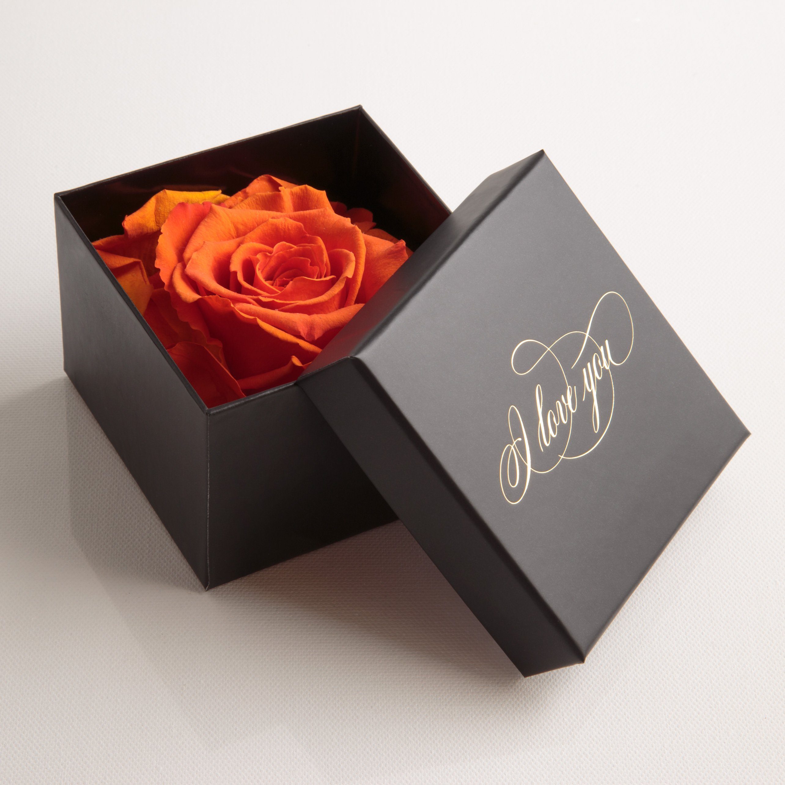 Kunstblume Infinity Rose Box I Love You Geschenk Idee Liebesbeweis Rose, ROSEMARIE SCHULZ Heidelberg, Höhe 6 cm, Echte Rose konserviert Orange