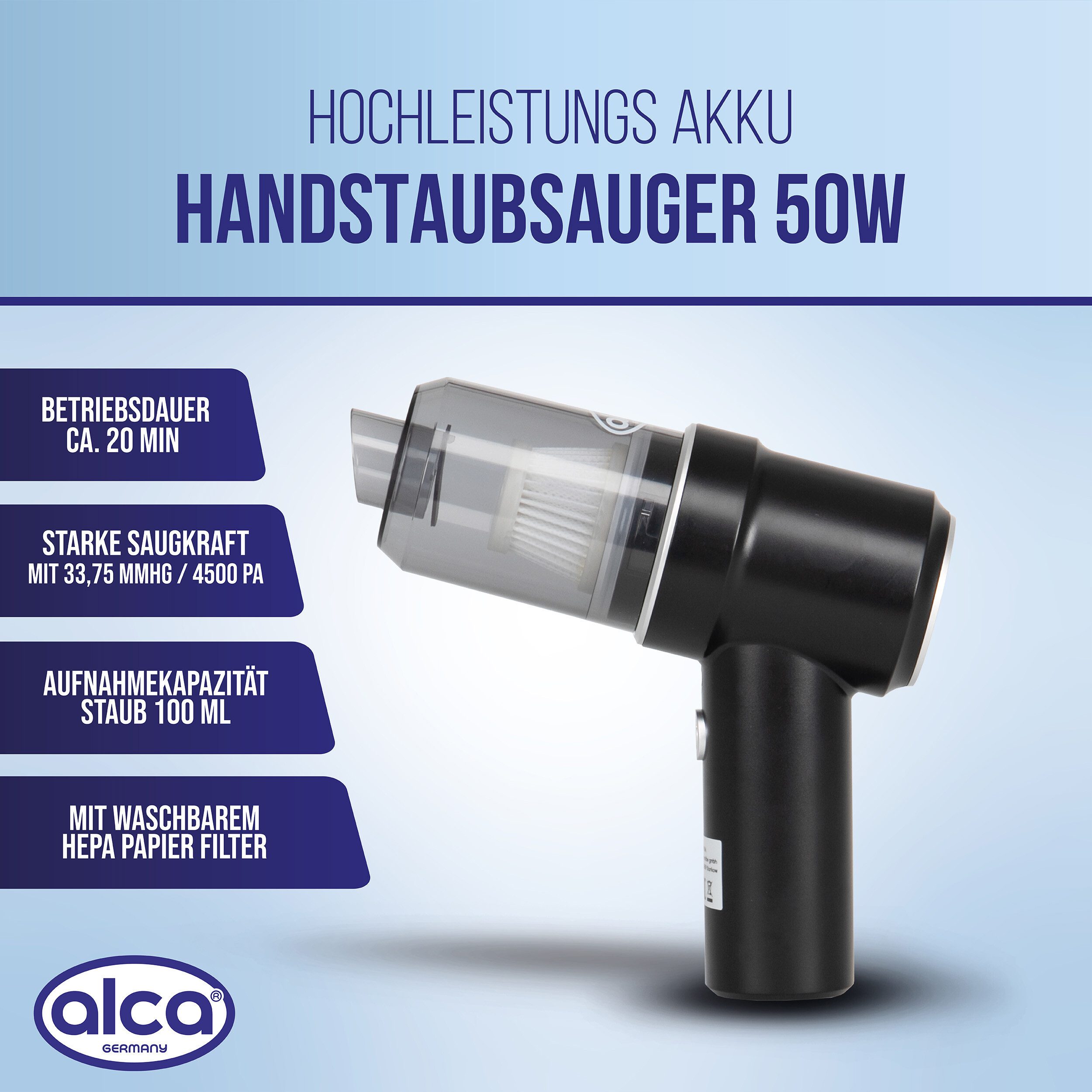 alca Handstaubsauger Akku Handstaubsauger 50W Mini Staubsauger kabellos Gebläsefunktion, 50 W
