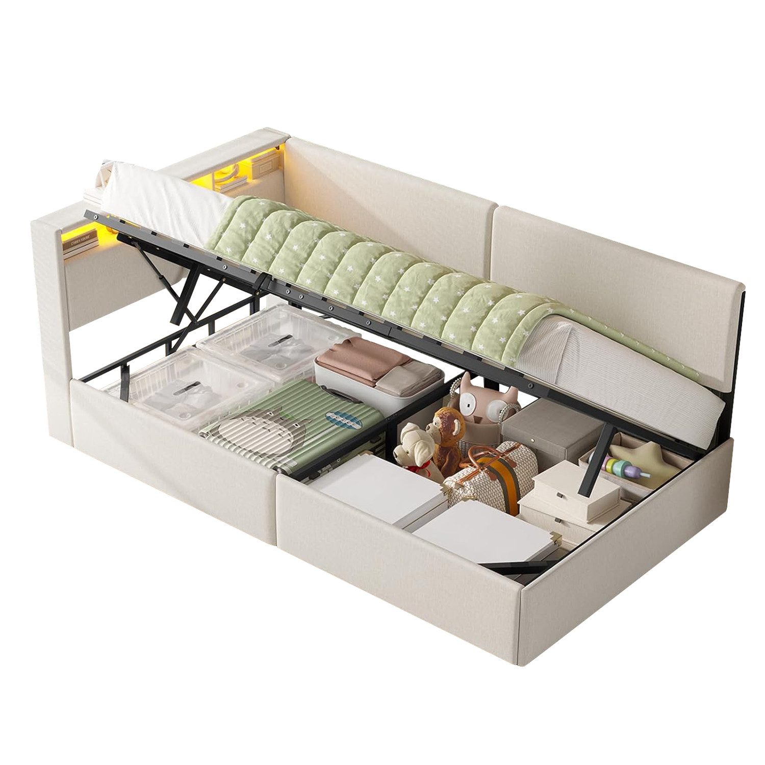 MSMASK Polsterbett mit USB-Steckdosen & LED-Kopfteil, Eckmontage möglich, Jugendbett (Ohne Matratze), Schlafsofa 90x200 cm mit Hydraulischem Stauraum