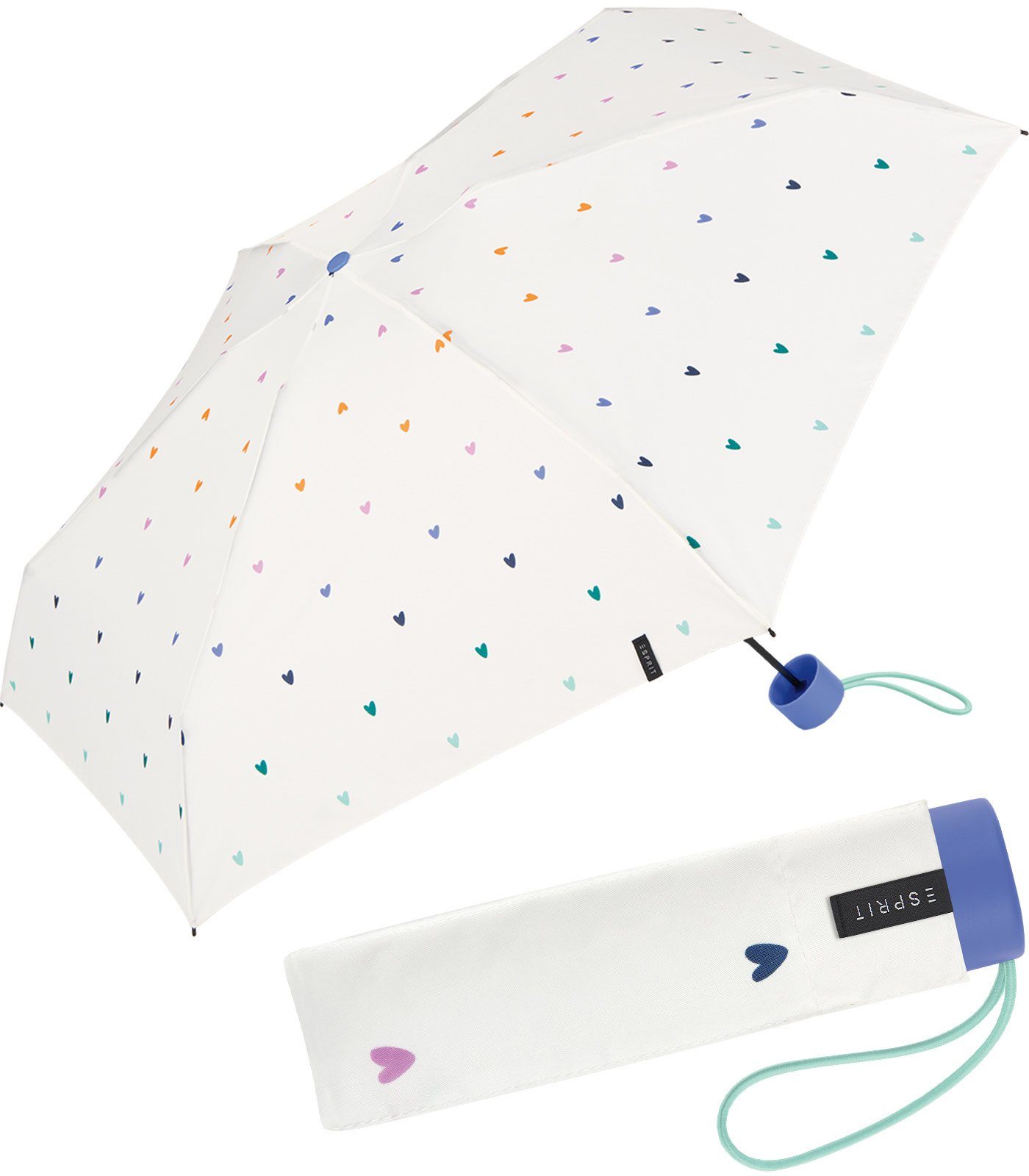 Esprit Taschenregenschirm Damenschirm Super Mini Petito - Sweetheart, mit vielen kleinen, bunten Herzen weiß