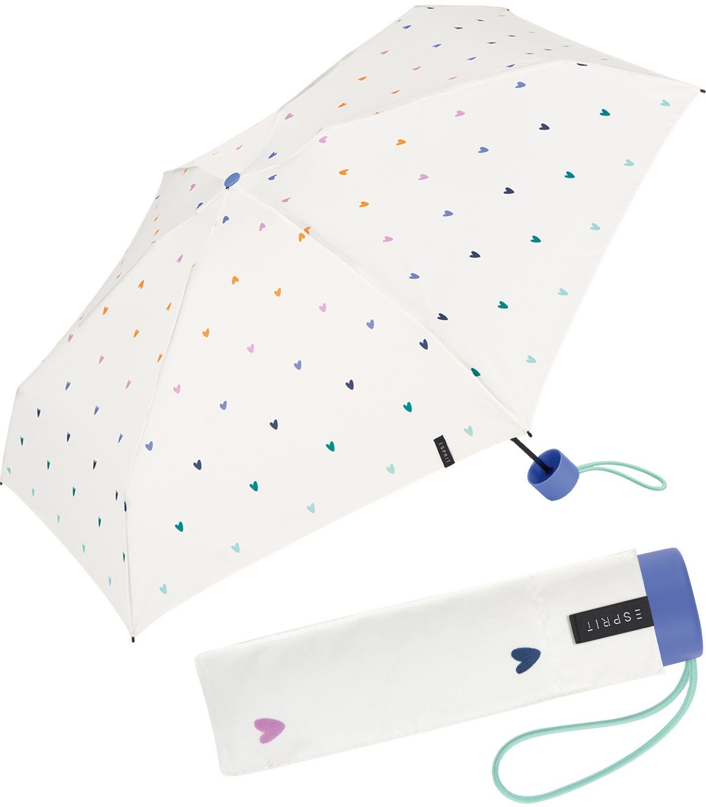 Esprit Taschenregenschirm Damenschirm Super Mini Petito - Sweetheart, mit vielen kleinen, bunten Herzen