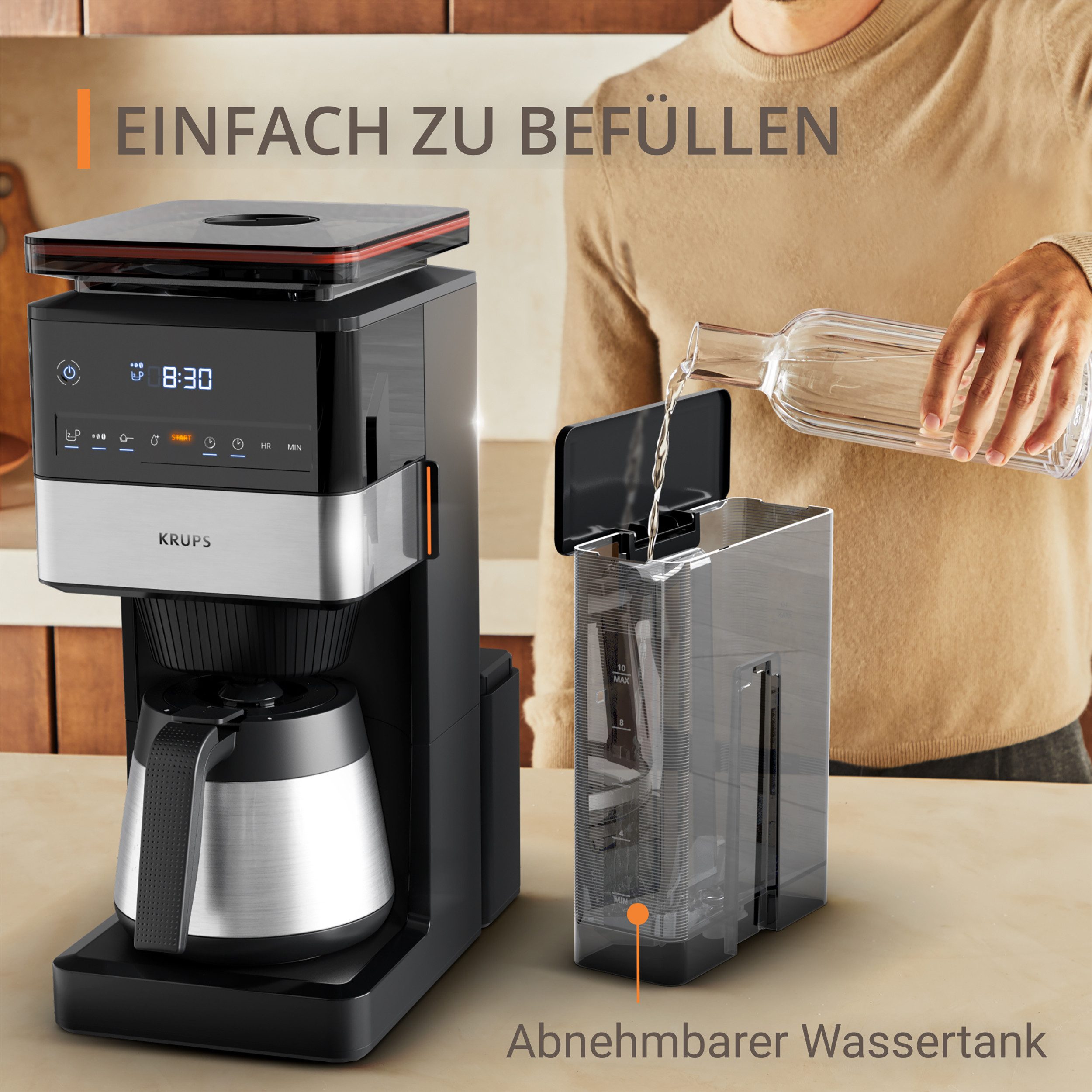 Krups Filterkaffeemaschine KT8428 Grind Aroma XL, 1,25l Kaffeekanne, Permanentfilter, Papierfilter 1x4, Kegelmahlwerk, digitales Bedienfeld, 1,25 l, 4h warm dank Isolierkanne
