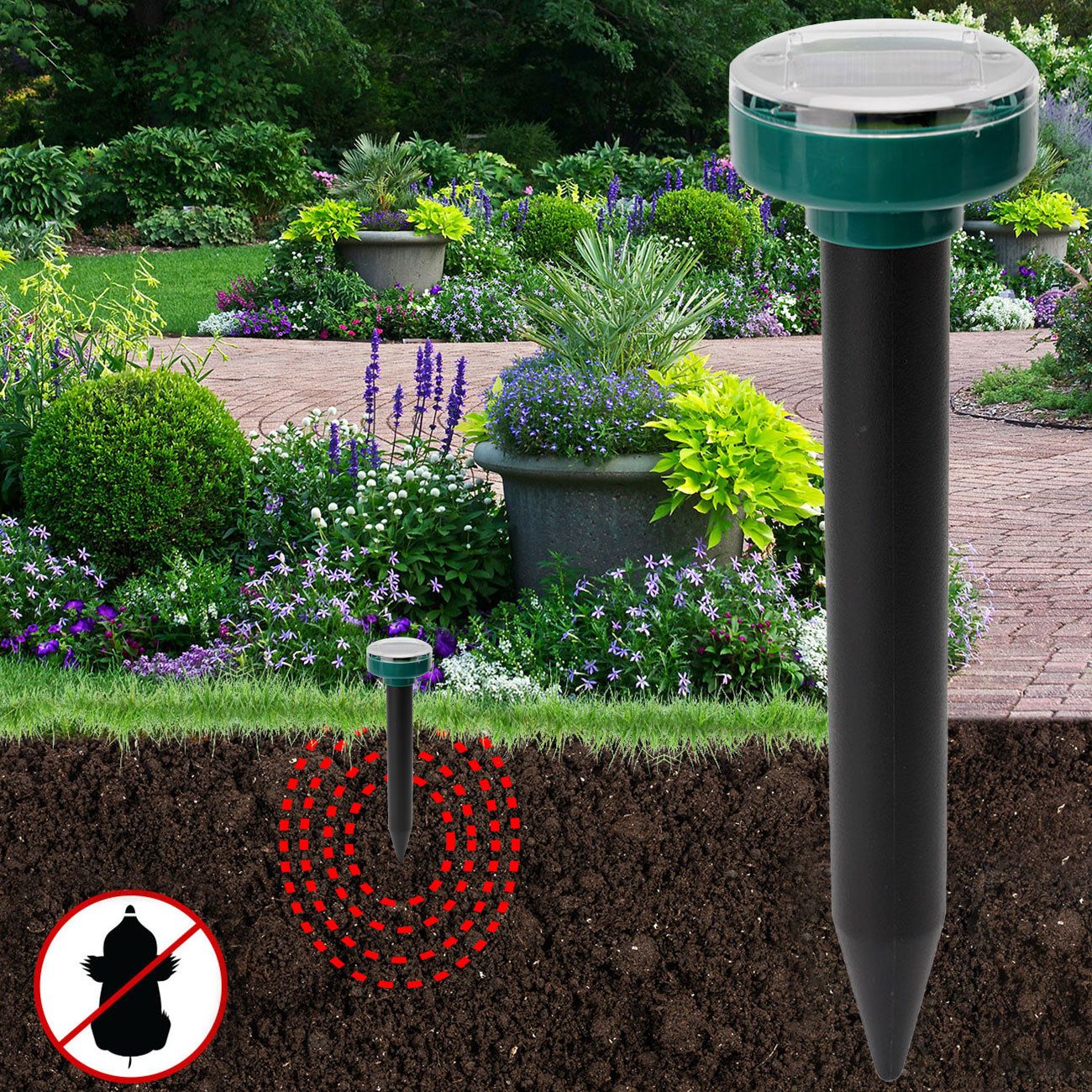 Casativo Vibrations-Tierabwehr Solar Maulwurf&Wühlmaus Vertreiber im Set pro Erdspieß ca. 30 m IP44, 4-tlg., Solar, chemiefrei, IP44, 30 m/700 m² je Spieß, als 4er/8er/16er Set
