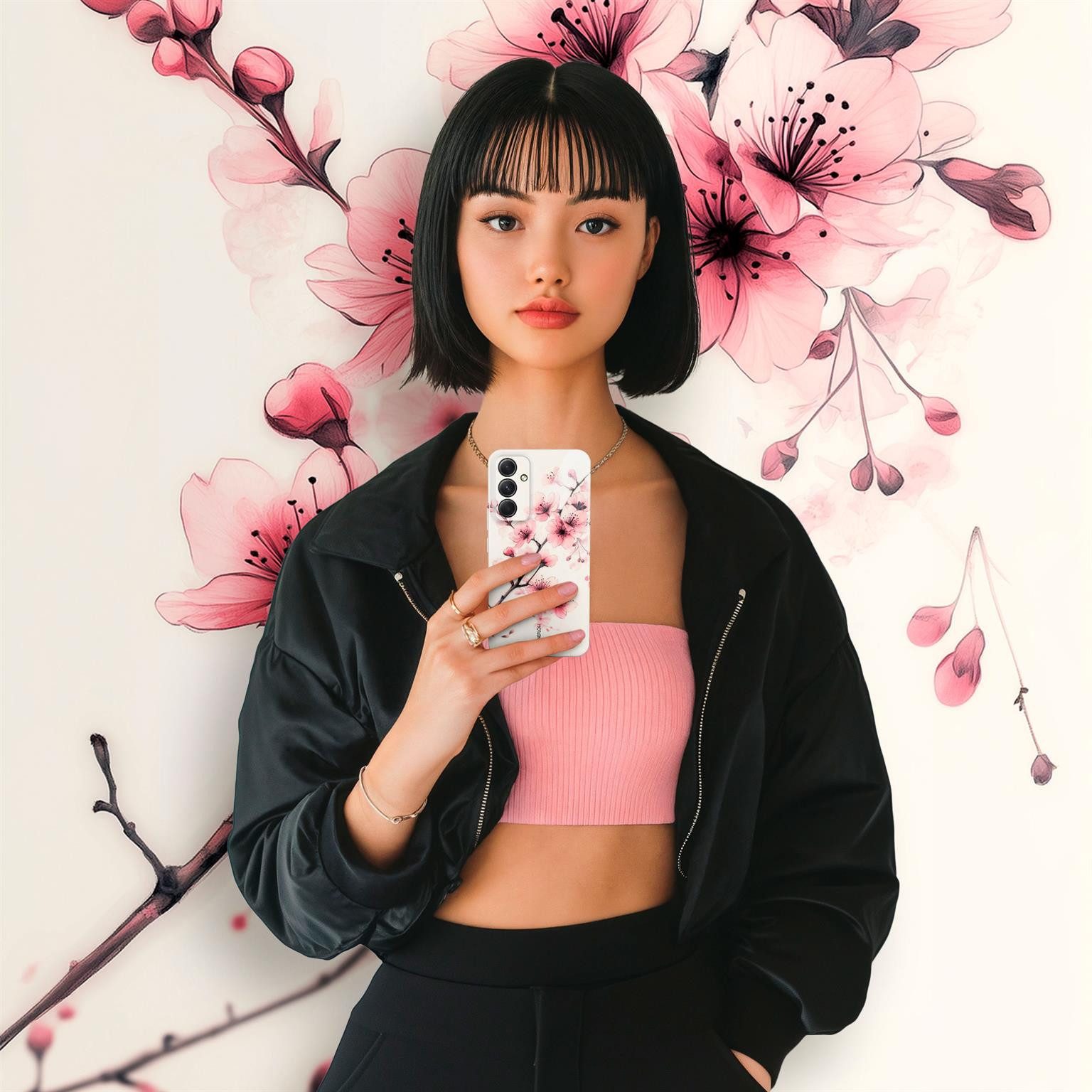 ONEFLOW Handyhülle für Samsung Galaxy A54 5G Hülle dünn Flower Cover Rosa Weiß 6,4 Zoll, Blumen Muster Handy Schutzhülle in Floral Design Case mit Kameraschutz